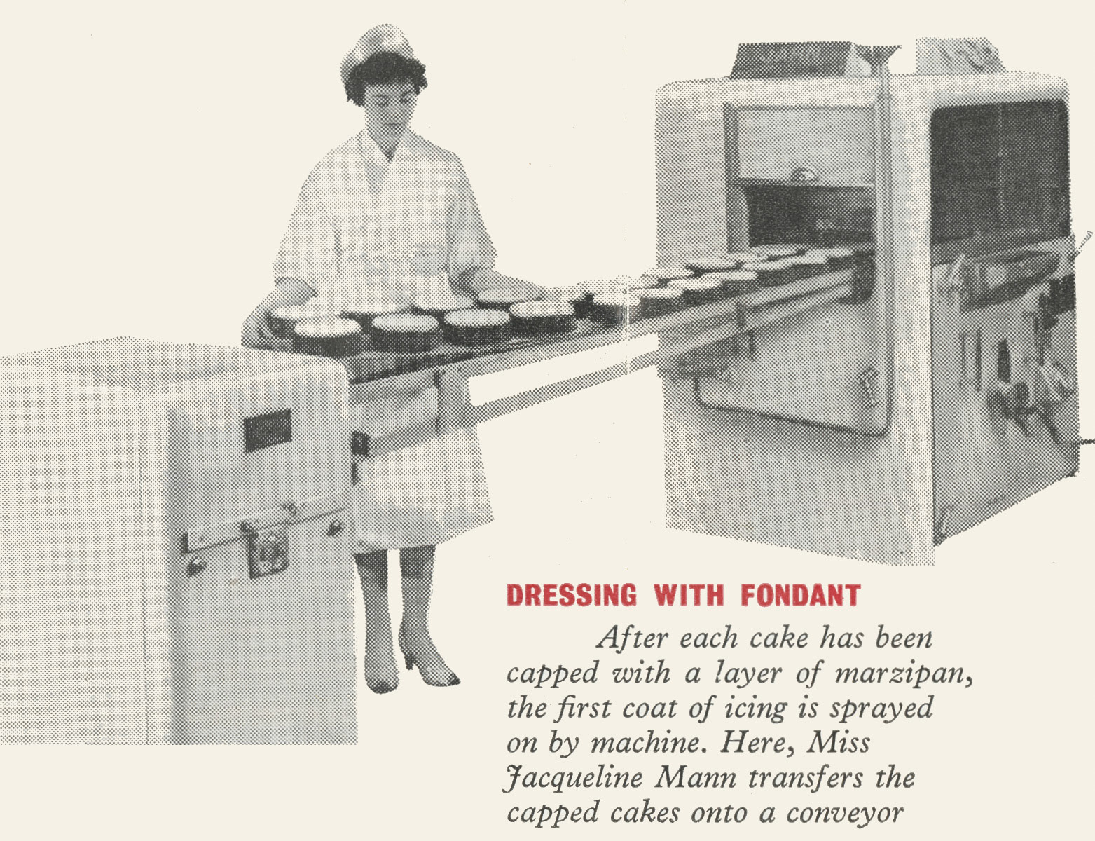 1956 Drayton Park Bakery Christmas cake operations. Miss Jacqueline Mann dresses the marzipaned cakes with fondant. (Express News December)