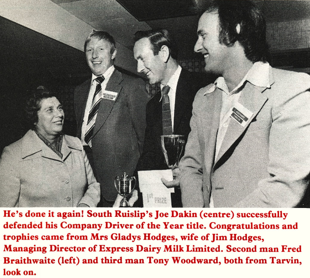 1977 Joe Dakin, Fred Braithwaite and Tony Woodward are winners in the Company Driver of the Year competition, prizes presented by Mrs Gladys Hodges.  (Express News Christmas)