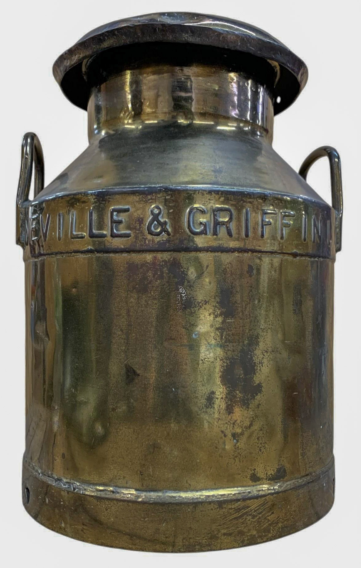 1920s? Five gallon churn "Large twin handled brass milk churn, 'Neville &amp; Griffin Ltd, Slough', H 50cm" (Courtesy John Rolf Auctions)