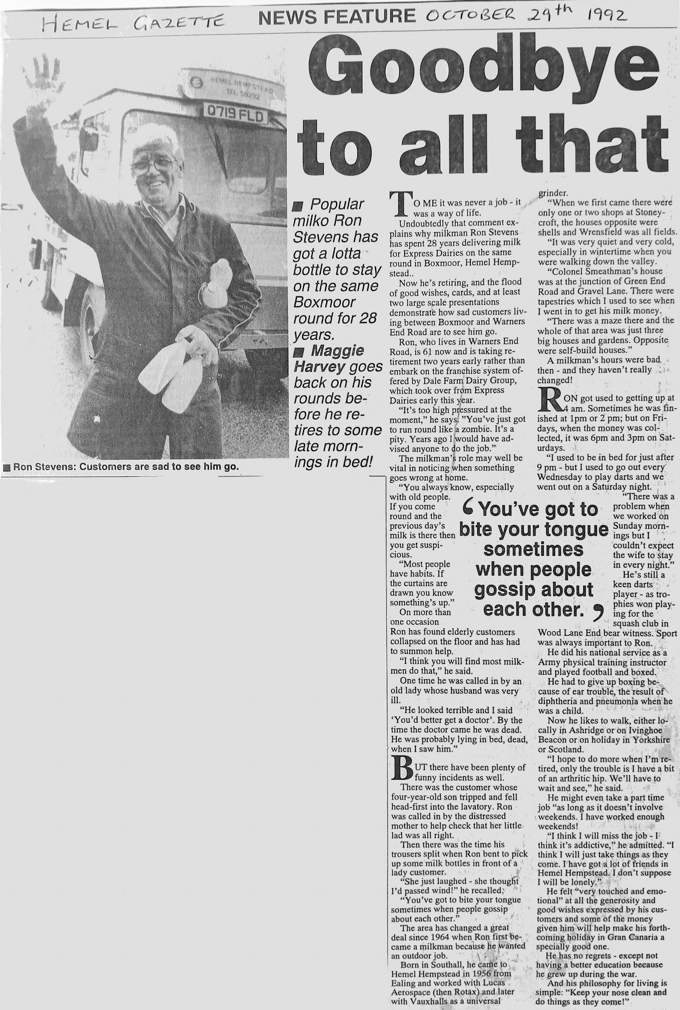 1992 Hemel milkman Ron Stevens retires after 28 years (Courtesy Paul Smith)