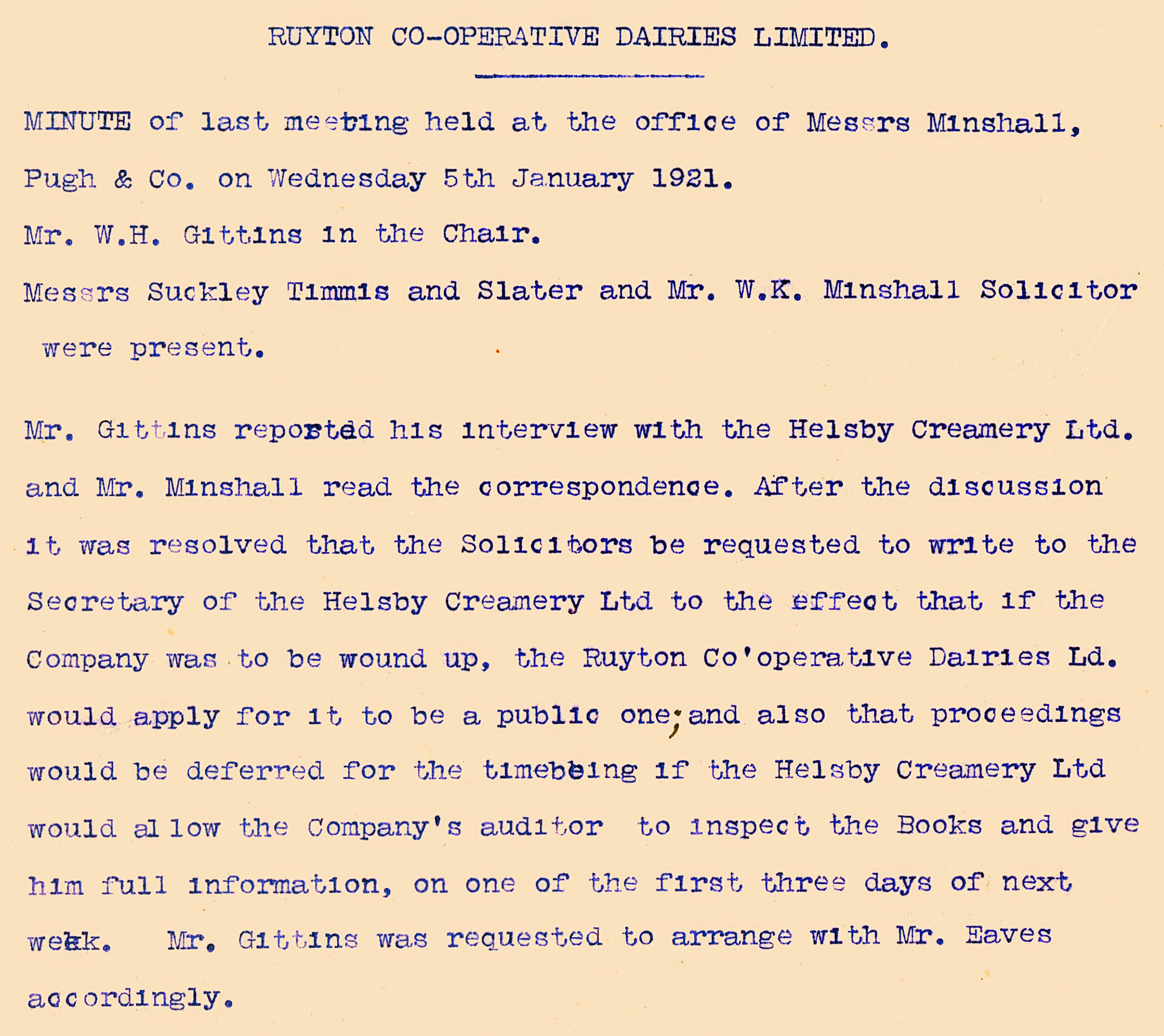 1921 Helsby Creameries Ltd Meeting minutes chaired by Mr W.H. Gittins, dated 05-01. (Ruyton Co-operative Dairies Archive)