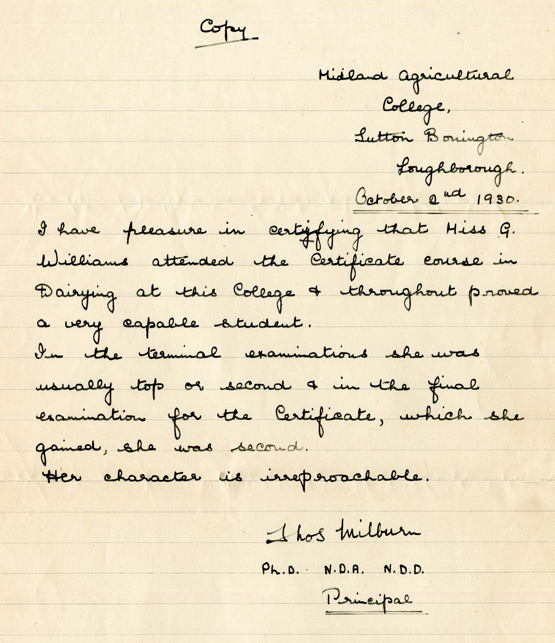 1930 Ruyton Co-operative Dairies-Cheesemaker Job Applications-Miss Gwen Williams.