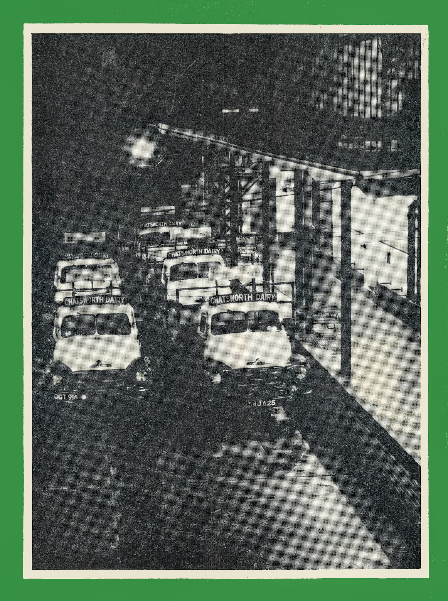 1957 Chatsworth Dairy, Sheffield-milk lorries lined up at the loading bay at 10pm. (Express News Back Cover, Autumn)