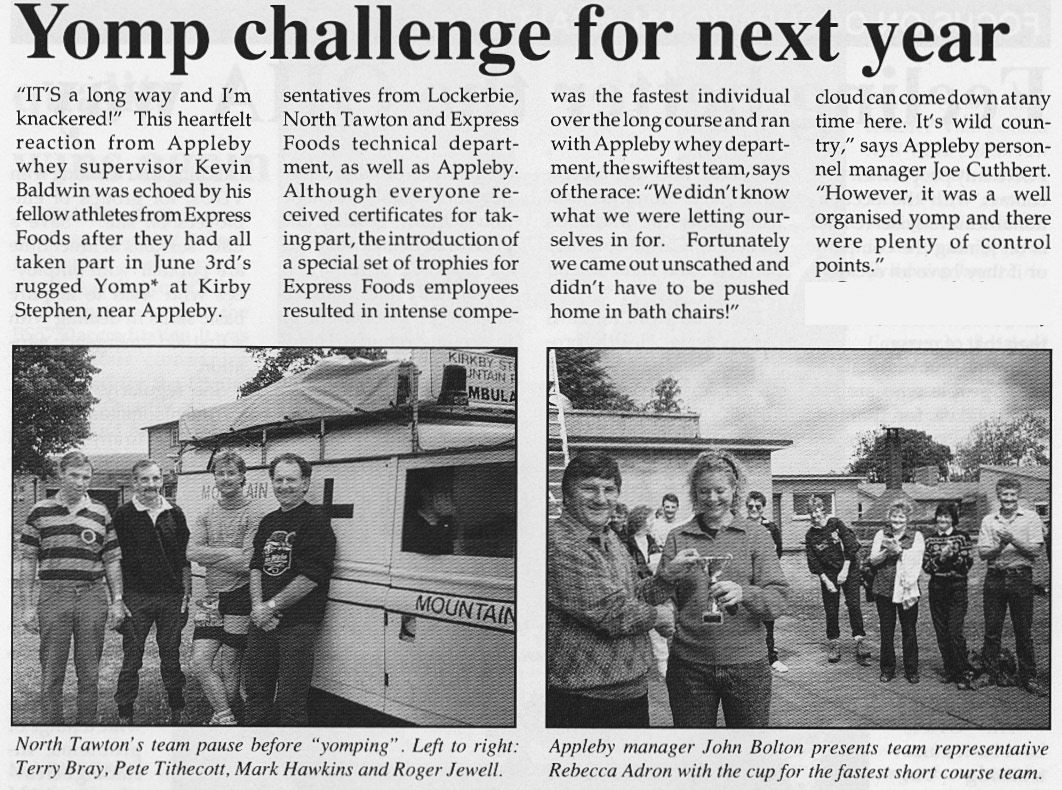 1990 Appleby Whey Supervisor reflects on the Yomp Challenge, with Rebecca Adron receiving award  and North Tawton's Terry Bray, Pete Tithecott , Mark Hawkins and Roger Jewell