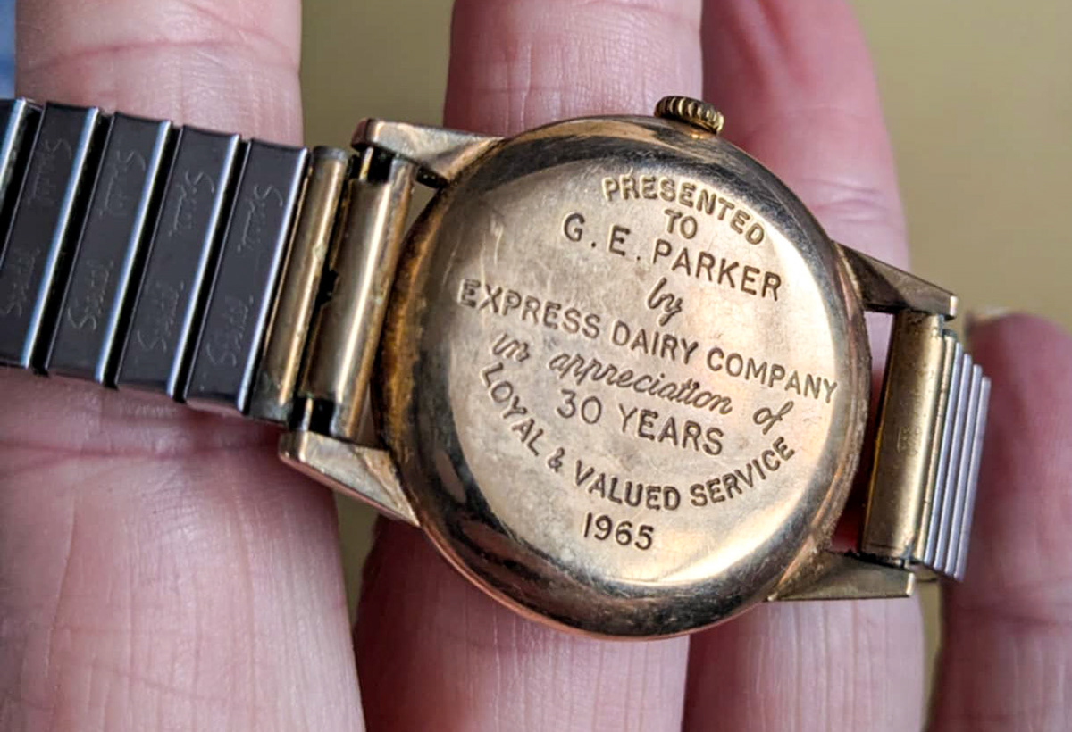 1965 Watch awarded to George (Ernest) Parker for 30 years service working at Hemel Hempstead Depot. From his granddaughter in law, Dawn McGlen.
