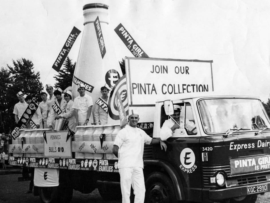 1967 Frome parade with 1966 Reg Ford D Series KGC 299D, Co: 3420.  Martin Lucas comments "Photo taken in 1967 according to the 'Frome Past Carnivals' website, driver Bill Lucas." Barry Thomas Parsons adds "Jock Wilson stood next to driver Bill Lucas. Shirley Pearson, Ted Burns, Jane Minty, Carol...,?, Andy McGuiness, ?, ?" (Courtesy Nick Seviour, Ford D Series Lorry Photos FB Group)