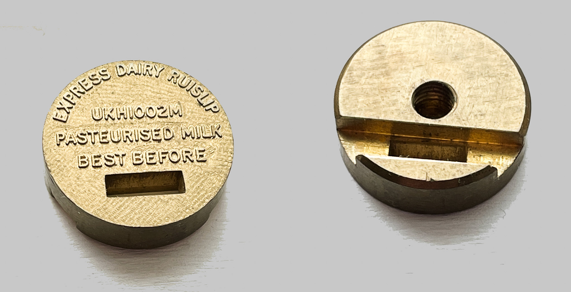 1980's Express Dairy South Ruislip - die used for stamping foil for caps (dates were inserted into slot) (Courtesy Dave Fane)