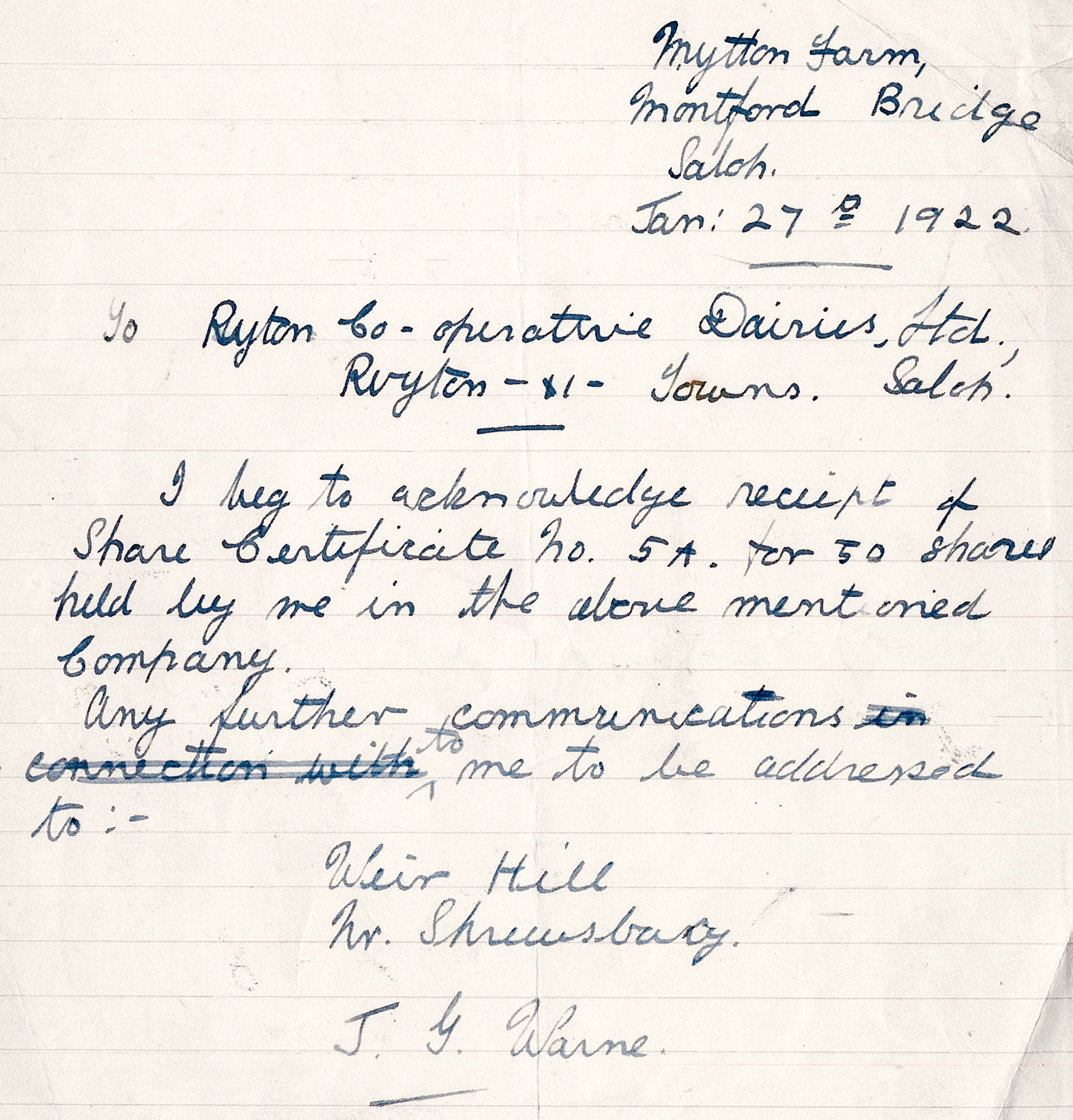 1922 Share Application acknowledgement from J. G. Warne, Mytton Farm, Montford Bridge, Salop