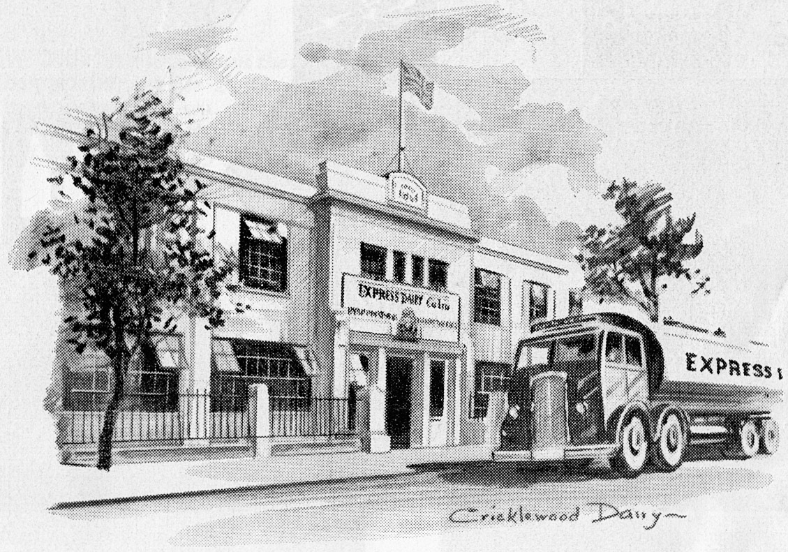 1956 Pen &amp; Ink drawing of Cricklewood Dairy, published in Express News July 1956