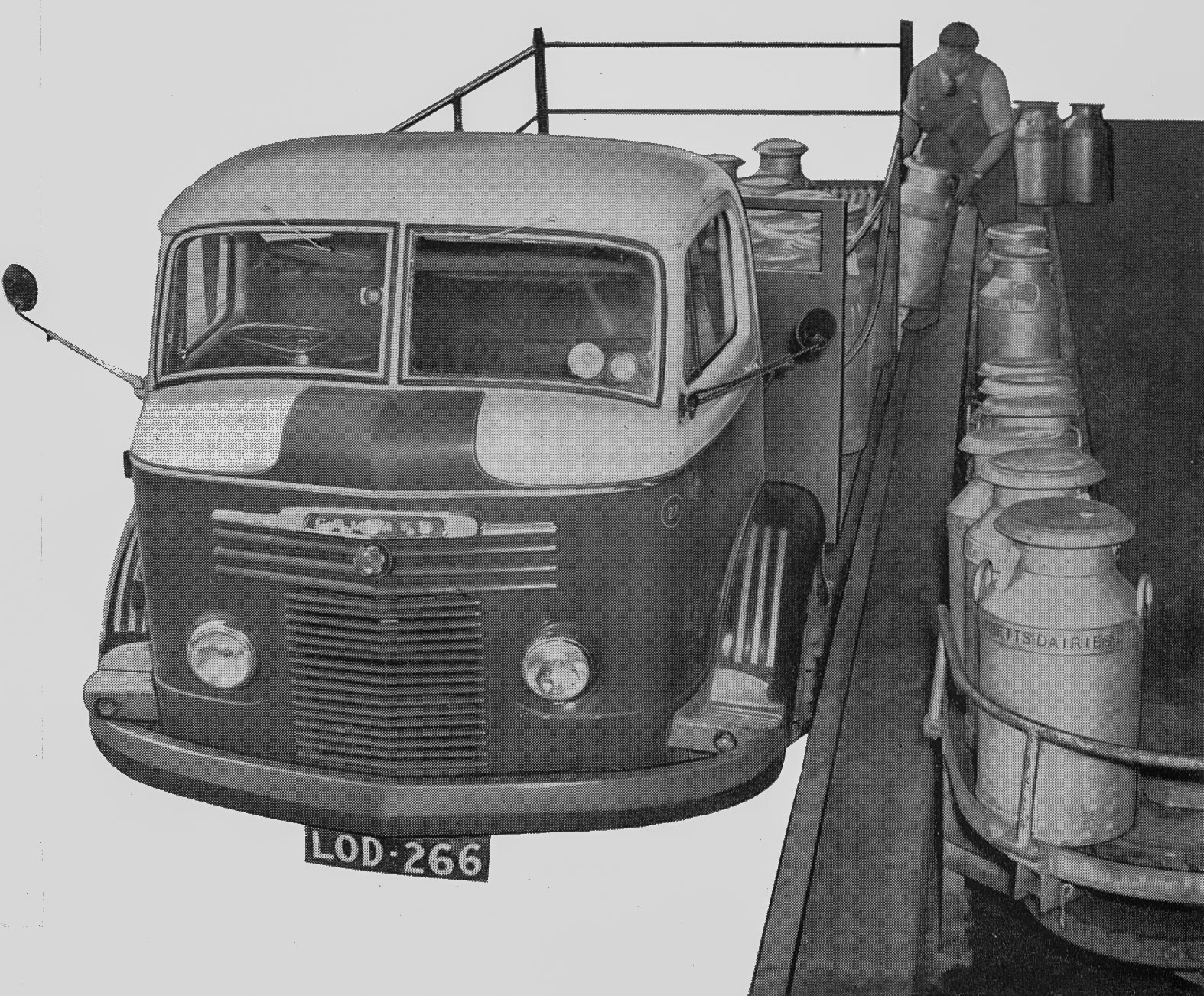 1957 Hammett's Dairies brochure extracts-unloading churns onto the conveyor for automatic weighing and tipping. (Courtesy Michael Mitchell)