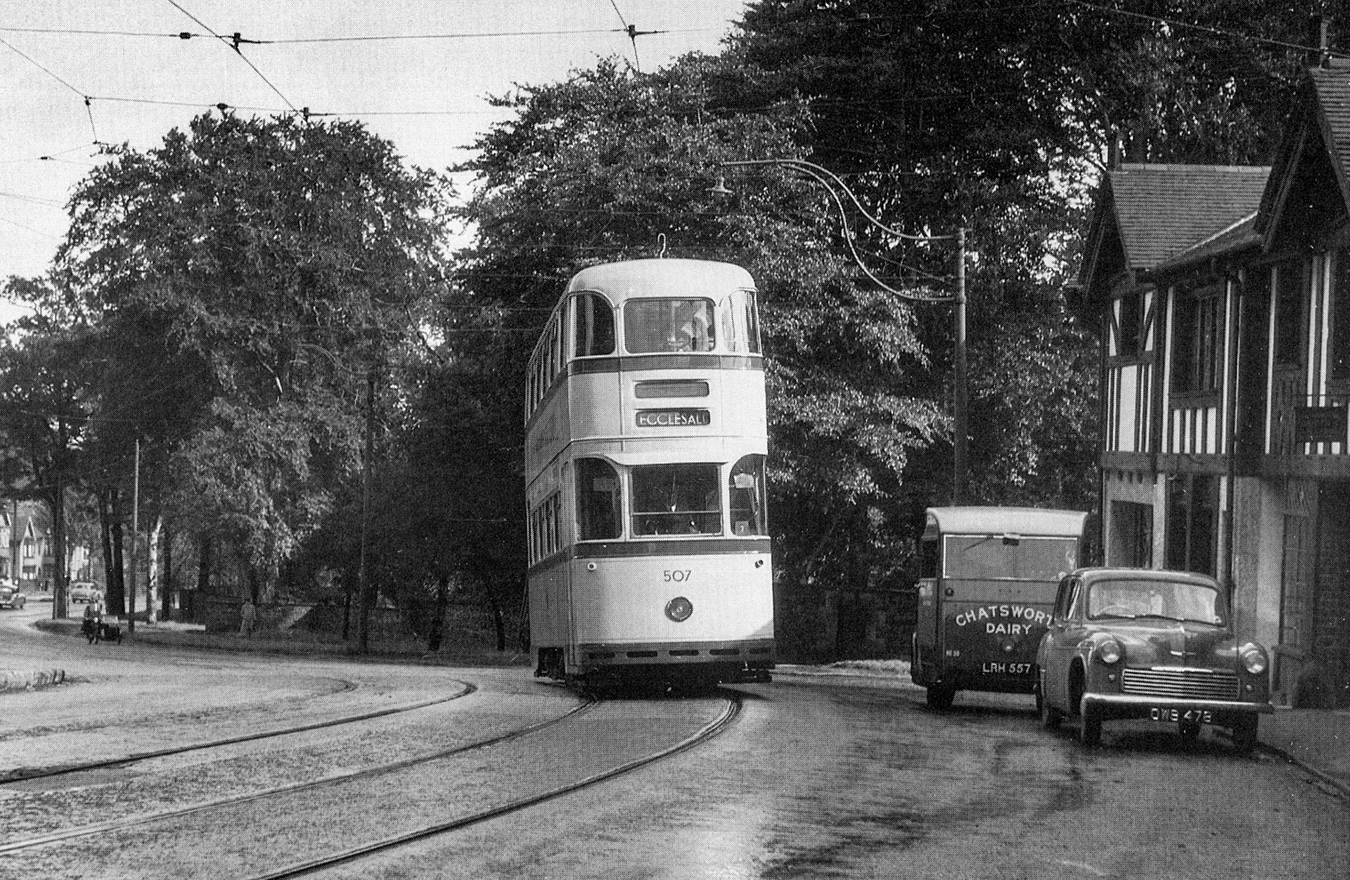1950's Chatsworth Dairy float delivering near Eccleshall, Sheffield. Trams ended on this route in 1954. (Courtesy Dave Fane)