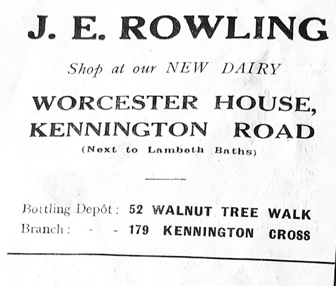 1945 Rowling's Dairy advertise their new shop at Worcester House, Kennington Road. (Courtesy Peter Graham, from Lambeth Church Parish Magazine, November)