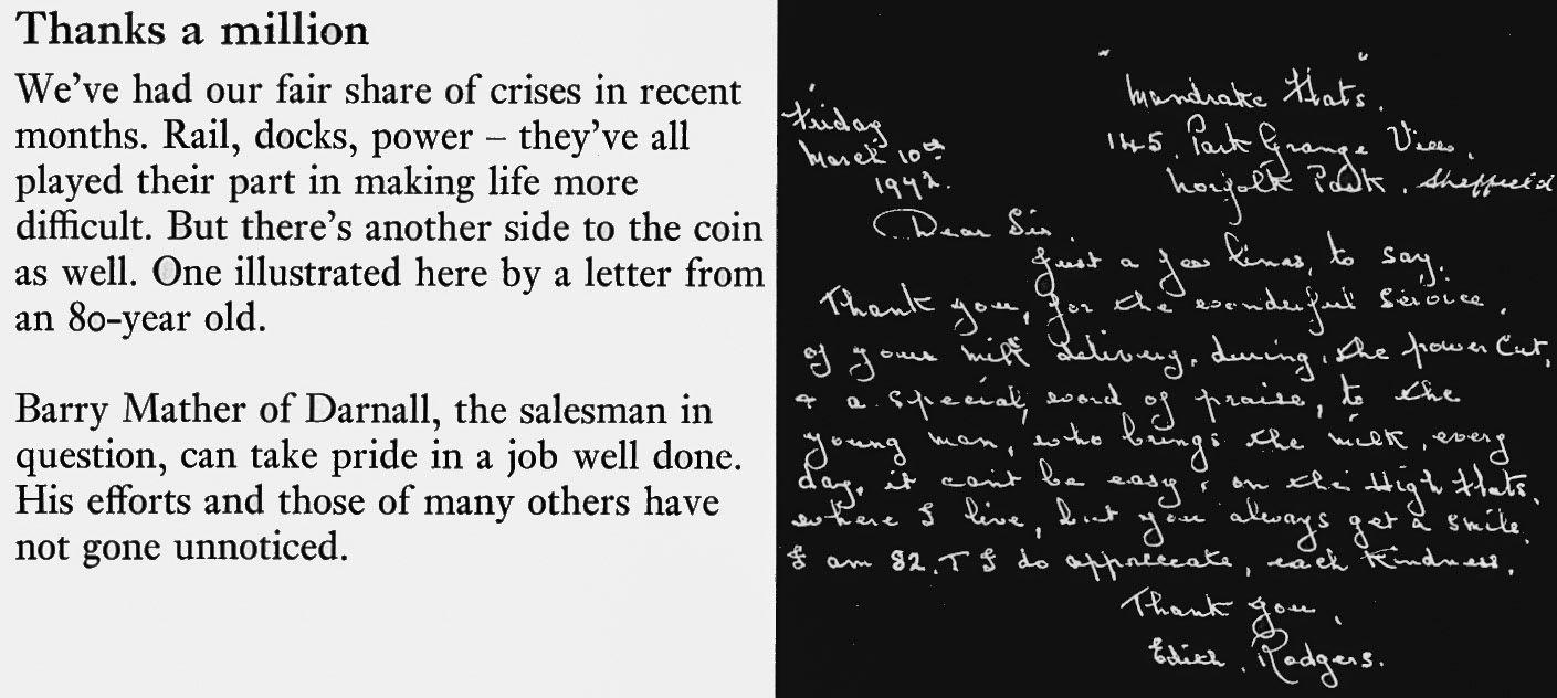 1972 Letter of praise to Barry Mather of Darnall, Sheffield Depot. The Derbyshire Record Office records a draft deed of covenant &amp; sale agreement between Mr. Sebastian Gregory Smith of Darnall Road Dairy, Attercliffe, Yorkshire, retail milk dealer, to Chatsworth Dairy Company Ltd, 30 Junction Road, Sheffield. (Express News Summer)