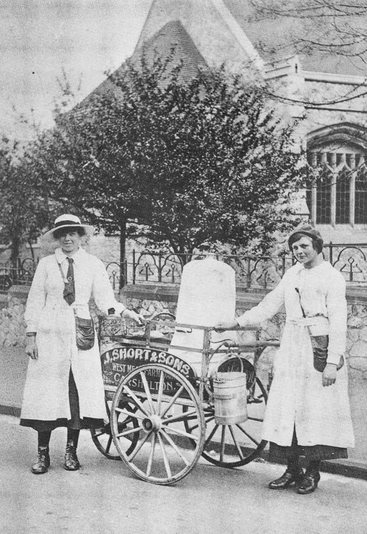 1917 Carshalton, J. Short &amp; Sons. Jessie and Charlotte Taylor took over the round from Mr Richmond after he was called up for war service. (Sutton Library Services)
