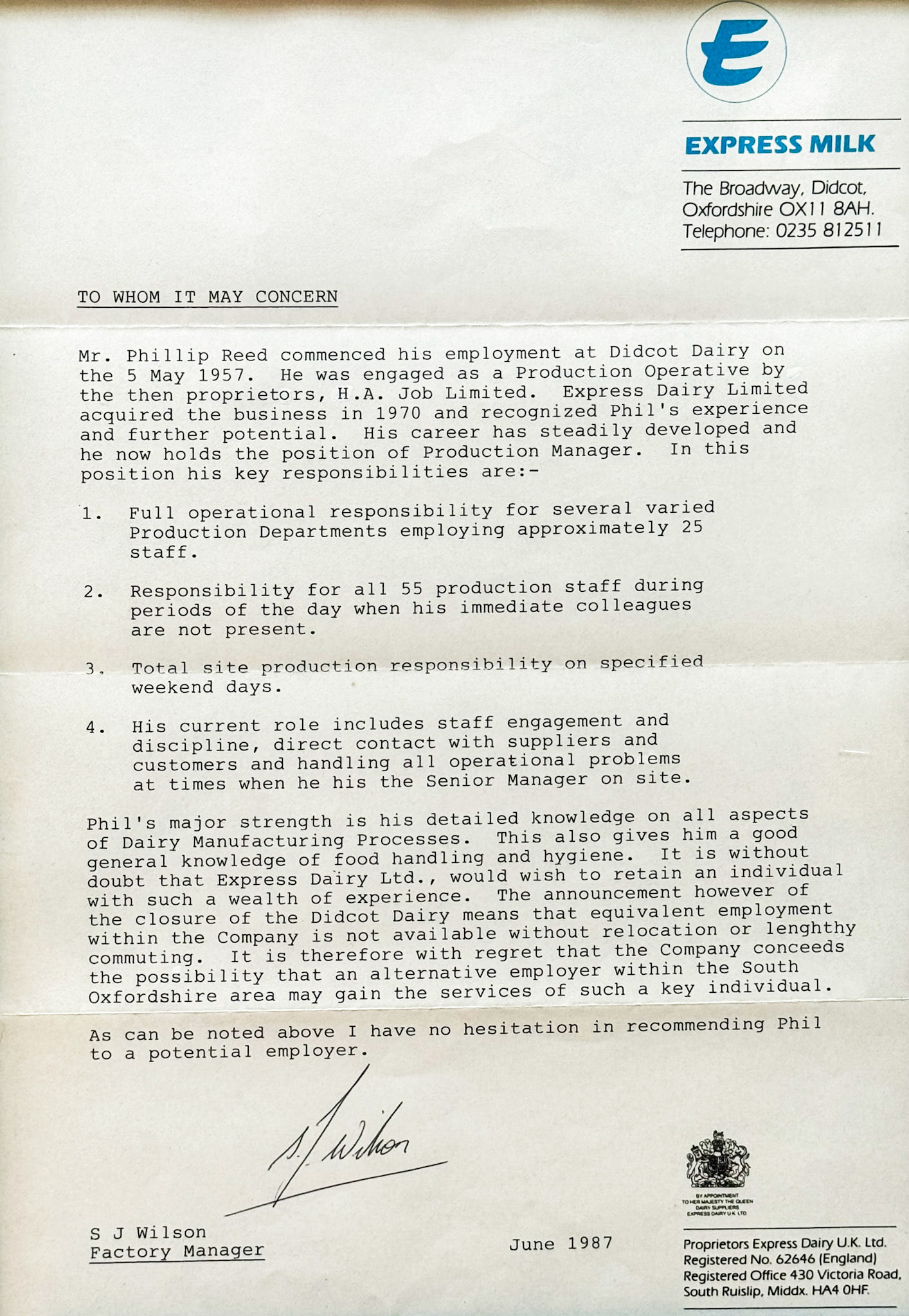 1987 Phillip Reed had worked at Didcot dairy for 40 years. (Didcot Dairy Exhibition 2024, Cornerstone Arts Centre)