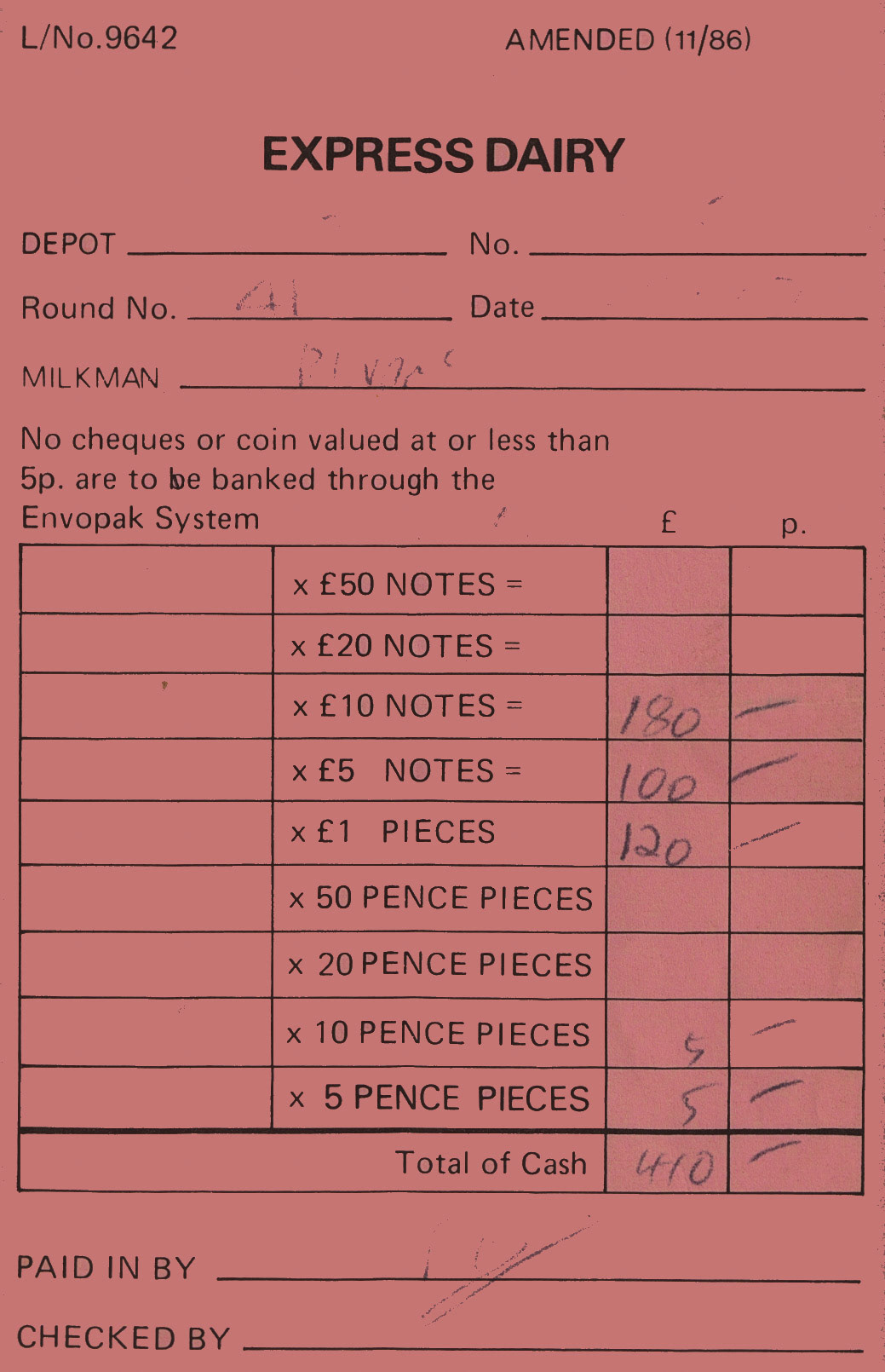 1986 Milkman's cash received form (Courtesy Michael Aldread)