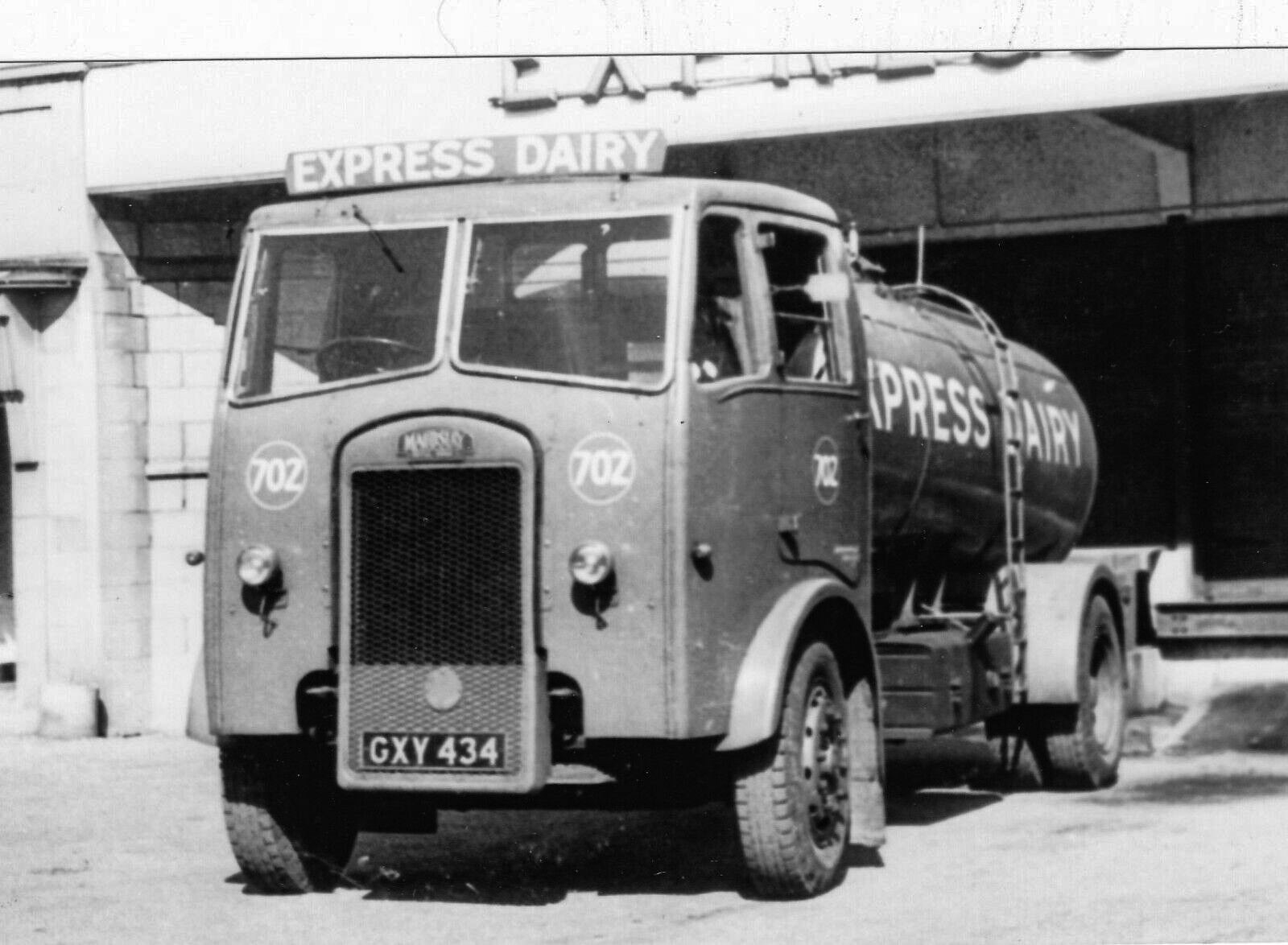 1950's Express tanker GXY 434 Co Reg: 702. Carl Borger comments "Maudslay Marathon-The Maudslay Motor Company was a manufacturer of automobiles, locomotives, commercial vehicles and buses founded in 1902 in Coventry from the engineering firm Maudslay &amp; Field, founded in 1833, which became known for its line of trucks named with the letter M starting by Merlin, Mogul, Militant, Mustang, Mahrajah, Maharanee, Mikado, Meritor, Marathon, Majestic, Mammoth Major and Minor, Mute, Mandator, Matador, Marshal, Mercury and Monarch. In 1948 it was acquired by AEC - Associated Equipment Company also known as ACLO, which together with Crossley Motors, formed a new group that was renamed Associated Commercial Vehicles-ACV, years later also acquiring Thornycroft. The production of vehicles using the Maudslay brand continued until 1954 when it was discontinued and Leyland Motors acquired ACV in 1962."  (Courtesy Craig Wells)