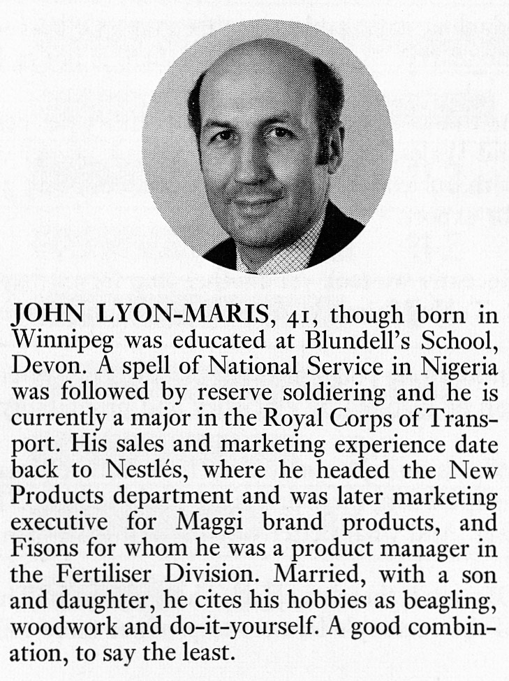 1972 JOHN LYON-MARIS appointed as Assistant Marketing Planner at Ruislip