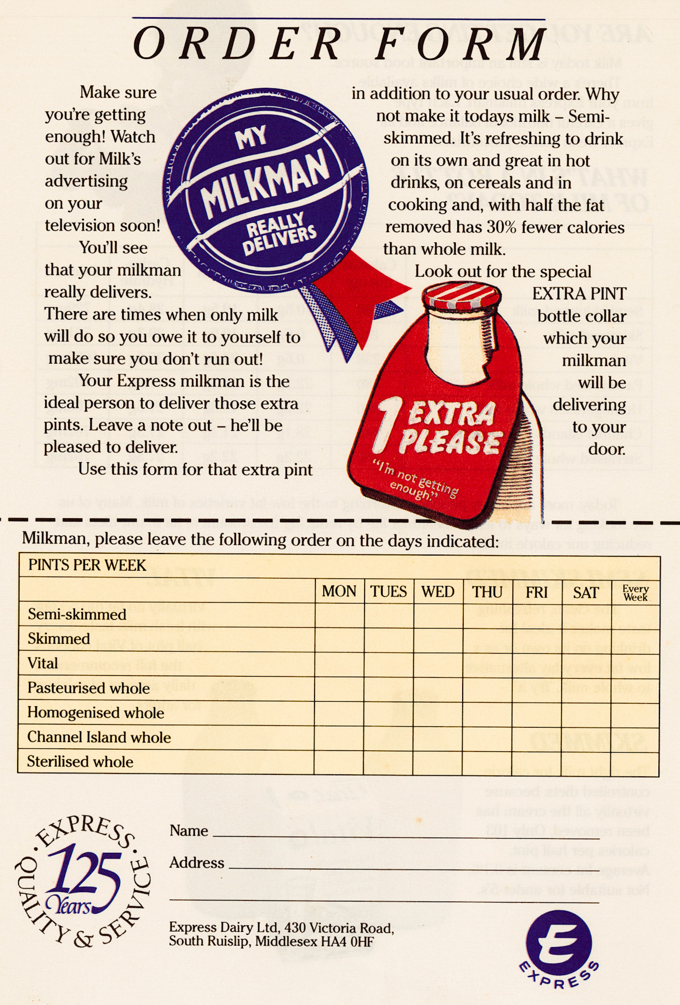 1989 Milkman's order form/ leaflet celebrating Express's 125 year anniversary. (Courtesy Michael Aldread)