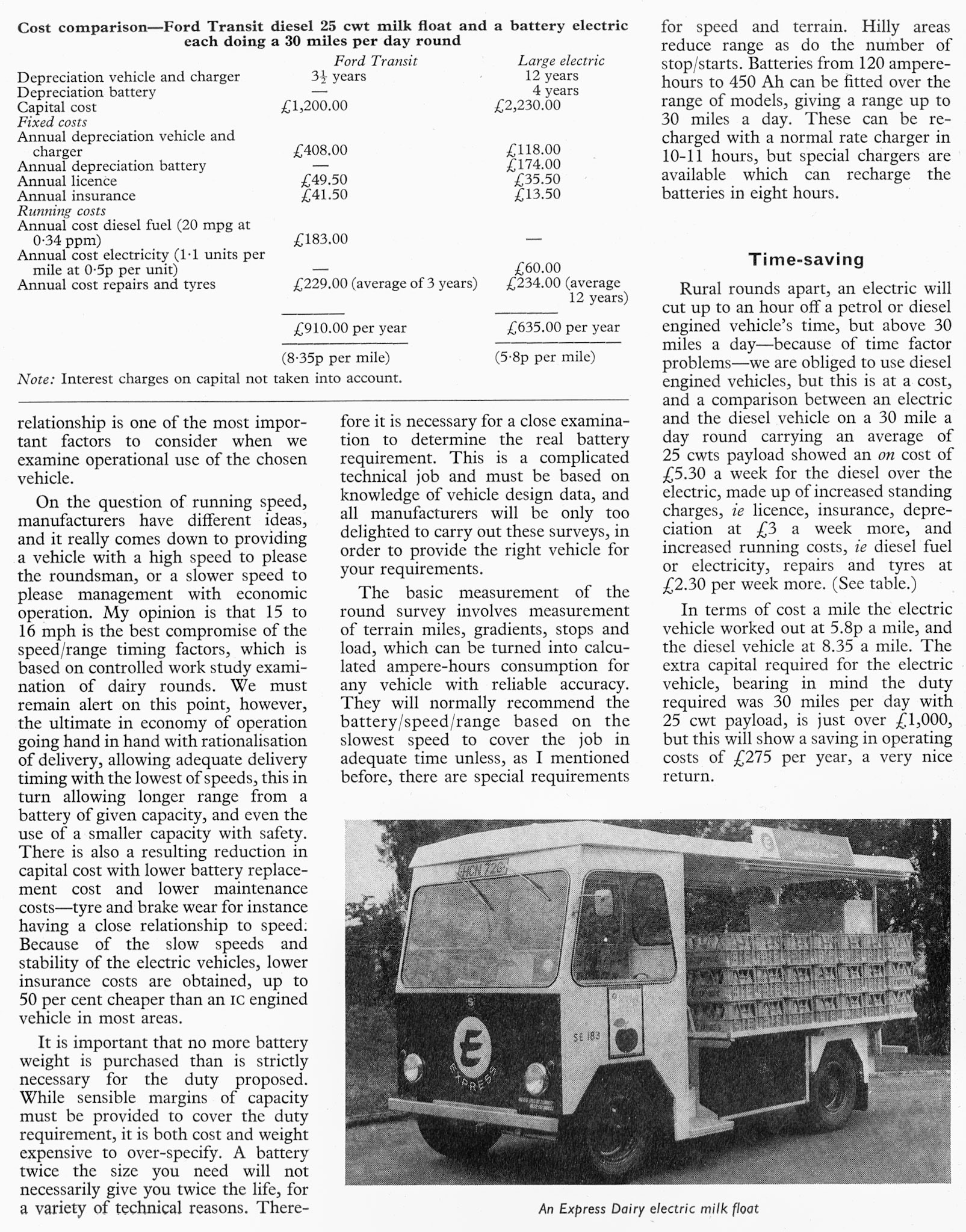 1980's? Magazine article by F. Matthews, Northern Region Transport Engineer, comparing electic floats with a diesel Ford Transit. (Courtesy Michael Aldread)