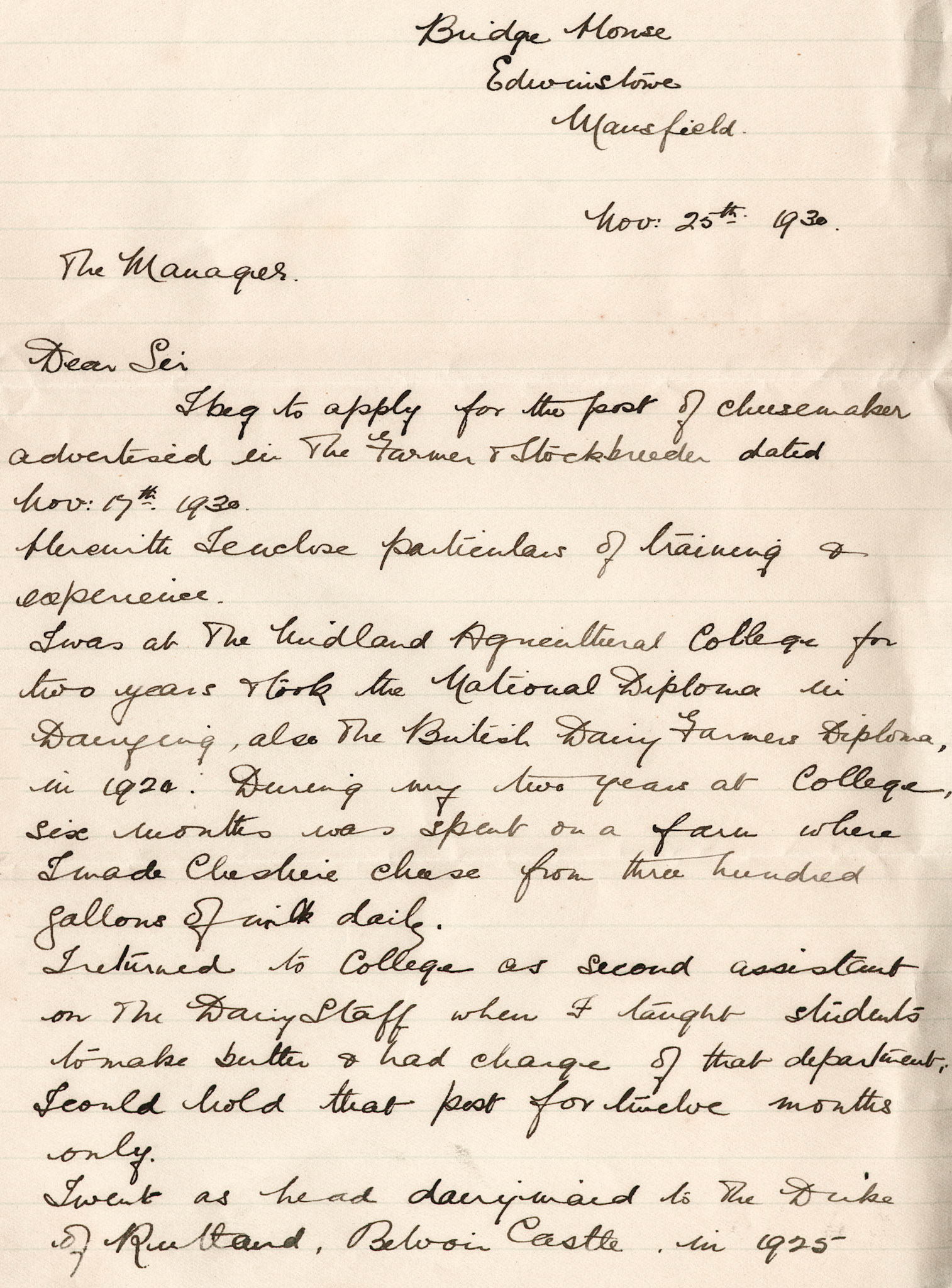 1930 Ruyton Co-operative Dairies-Cheesemaker Job Applications-Miss D. Naish
