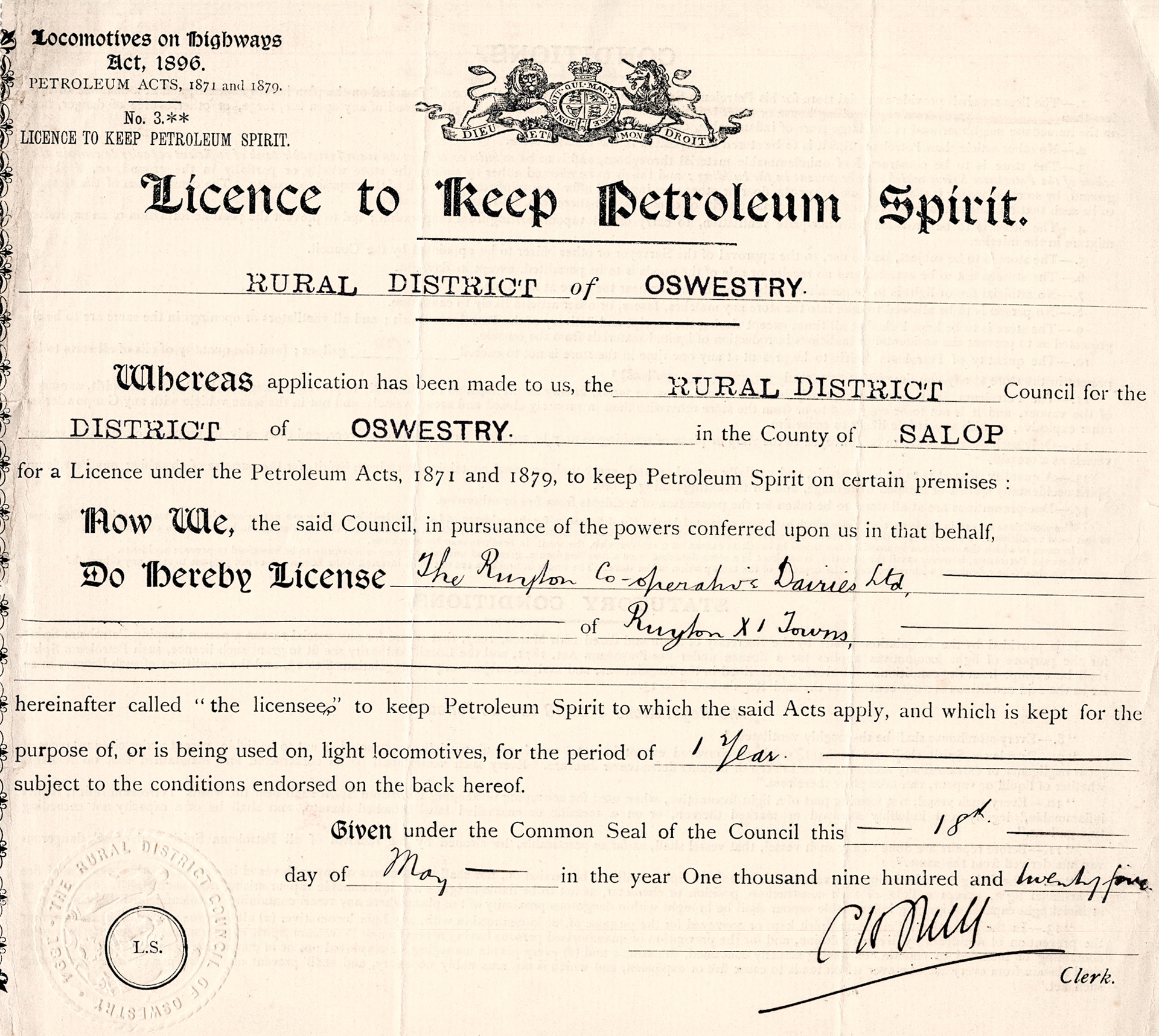 1925 License to allow petroleum spirit to be kept at the Ruyton dairy.