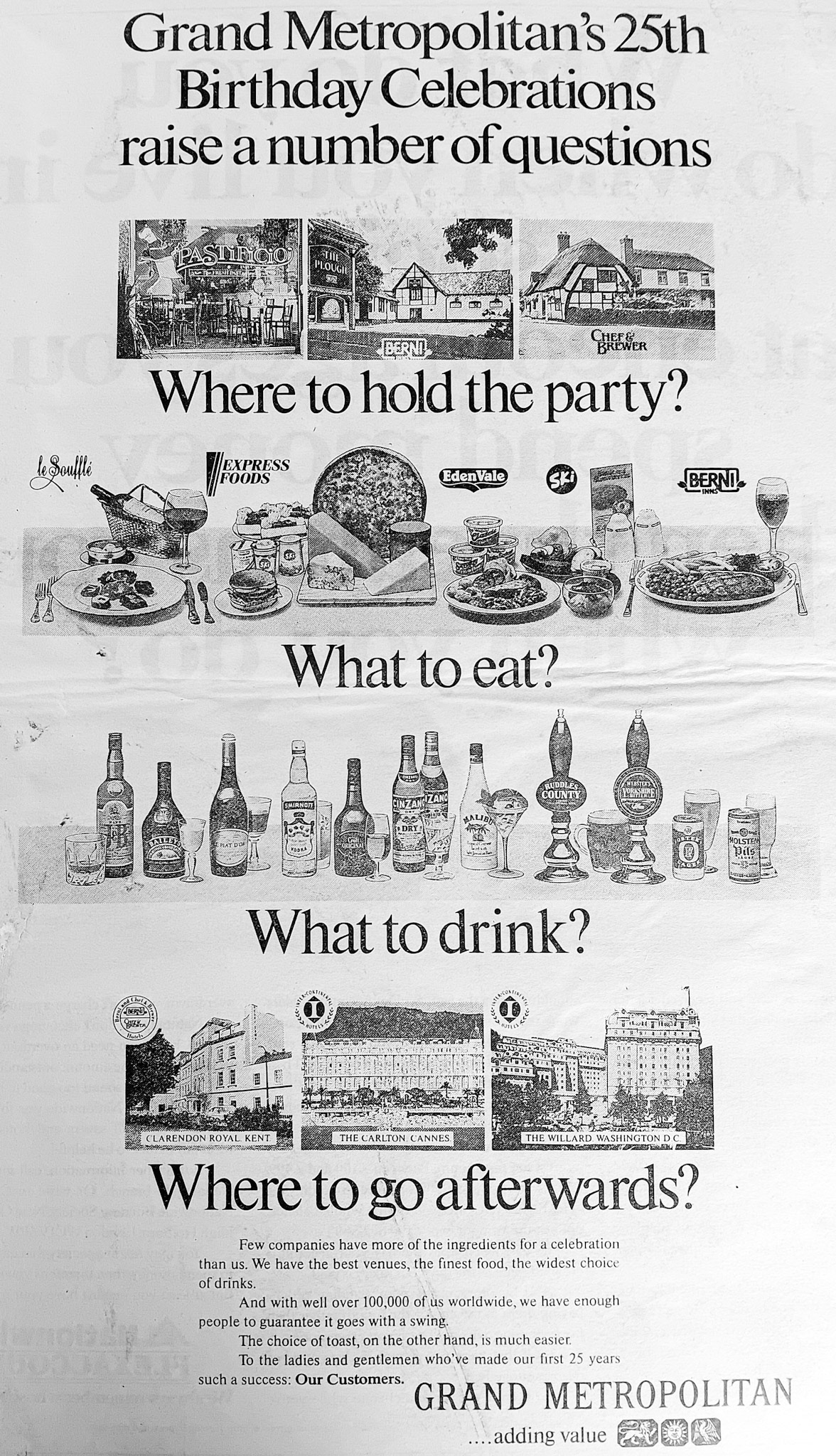 1987 Grand Metropolitan celebrates its 25th Birthday. Advert in Daily Mail. (Courtesy Paul Smith)