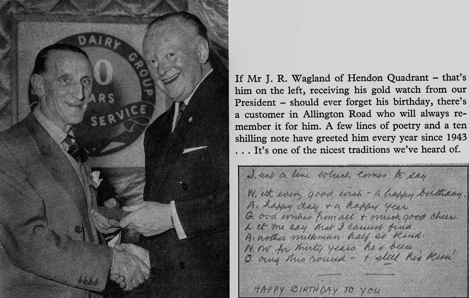 1960 Poem from a grateful Hendon Quadrant customer to Mr J. R. Wagland receiving a gold watch from Walter Nell. (Express News Christmas)
