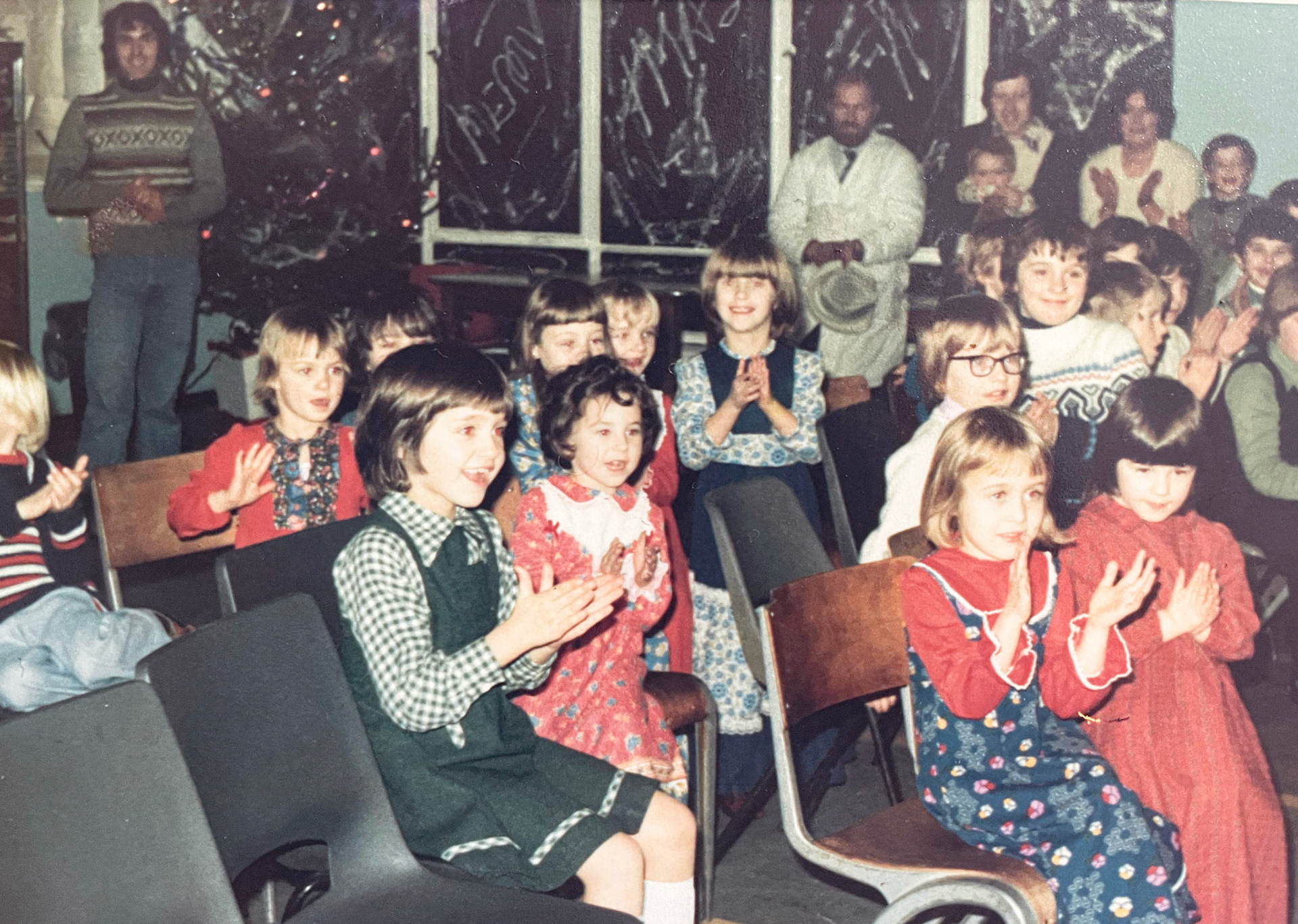 1978 Minsterley Creamery Christmas party, which took place in the factory canteen. Matthew Taylor comments "that's me in the brown tank top, very 70's. Looks like my Mum Daphne Taylor, who worked in the wages office, in the green jumper! (Courtesy: Matthew Taylor)