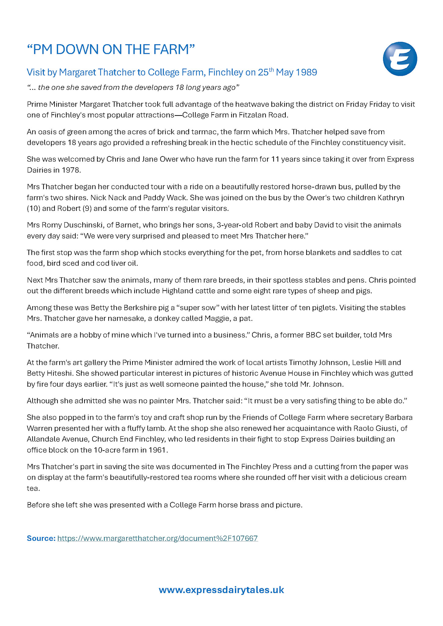1989 Colllege Farm visit by Margaret Thatcher, from the Margaret Thatcher foundation. (Express Dairy Tales publication)