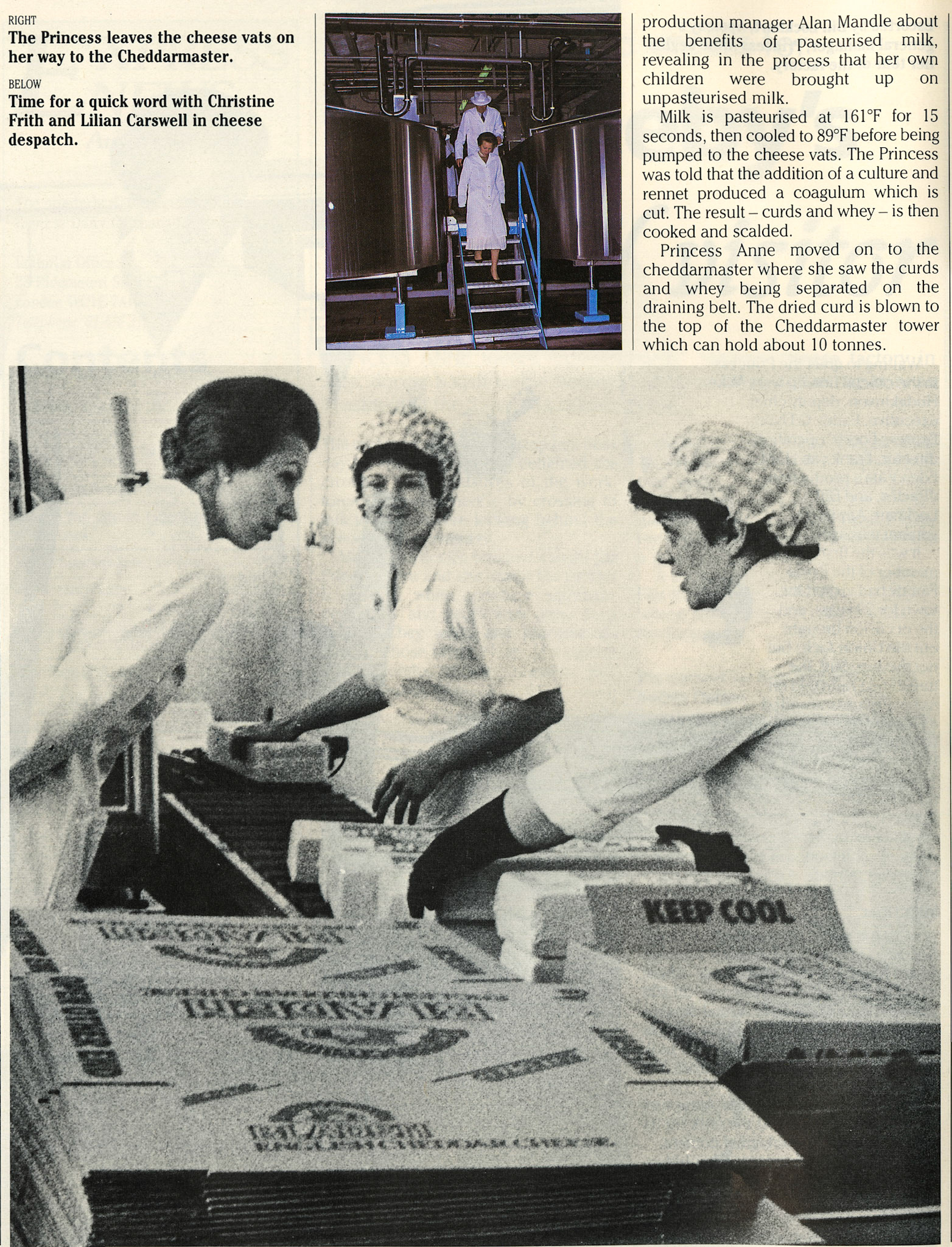 1985 Princess Anne speaks to Christine Frith and Lilian Carswell in Cheese Despatch