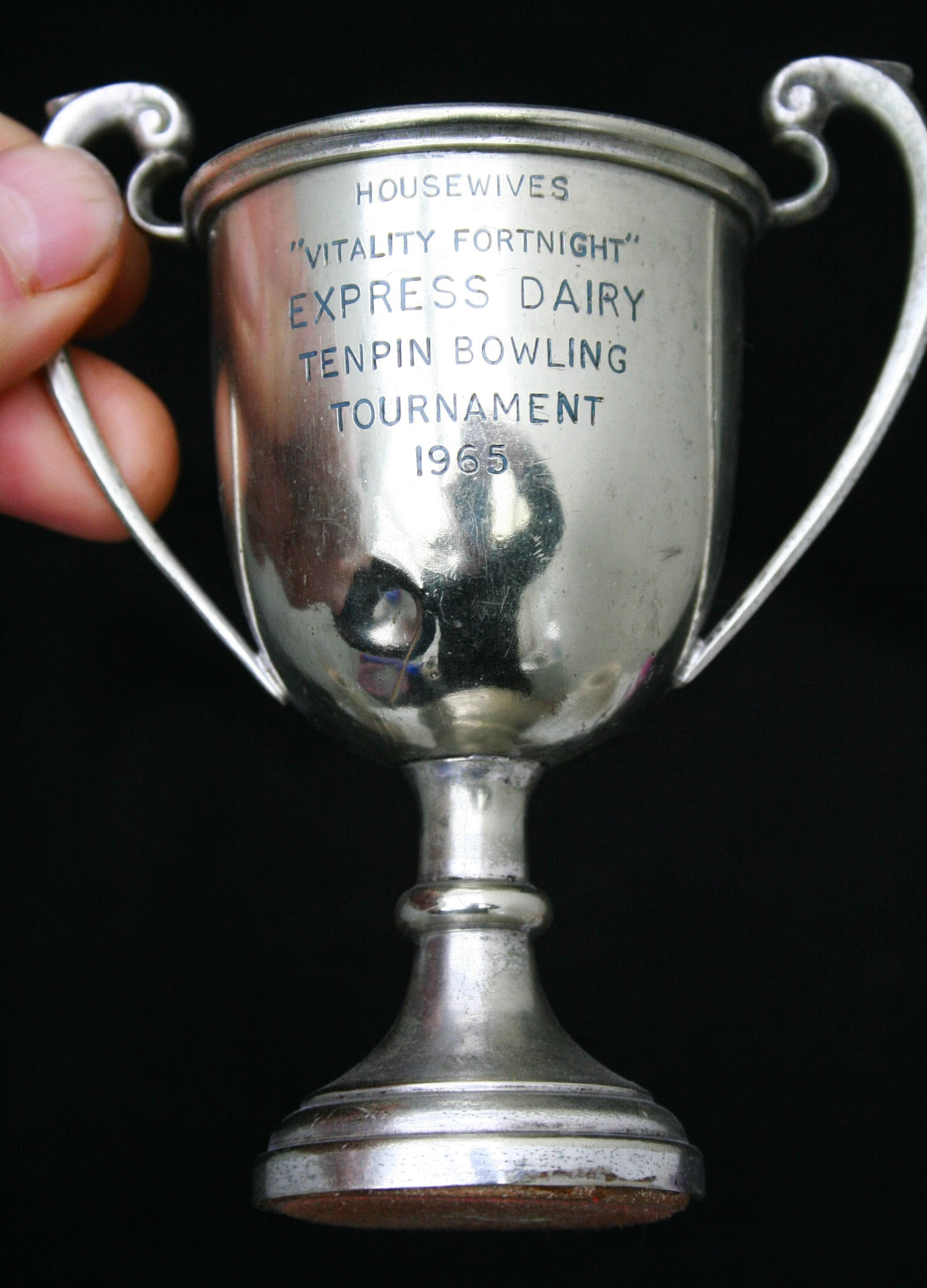 1965 Express Ten Pin Bowling trophy. Mark comments "Looks like the housewives of Express Dairy were a force to be reckoned with back in 1965!, I thought being bowled out for a maiden was a cricketing term!!" (Courtesy Mark Hudson, Real Diggers FB Group)