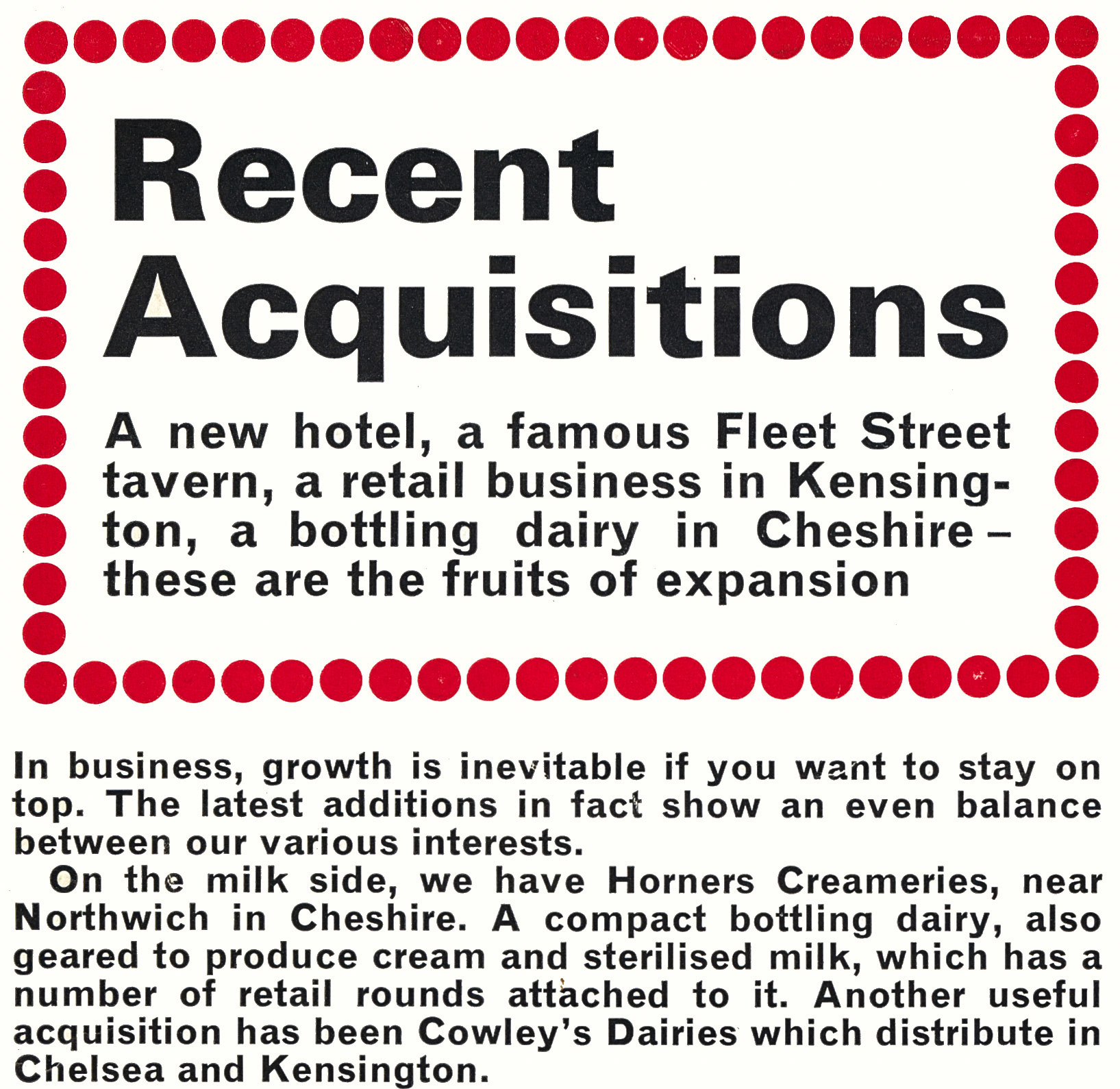 1964 acquisitions including Horner's Creameries (Cuddington), Cowley's Dairies (Kensington). From August 'Express Extra' newsletter (Courtesy Paul Luke)