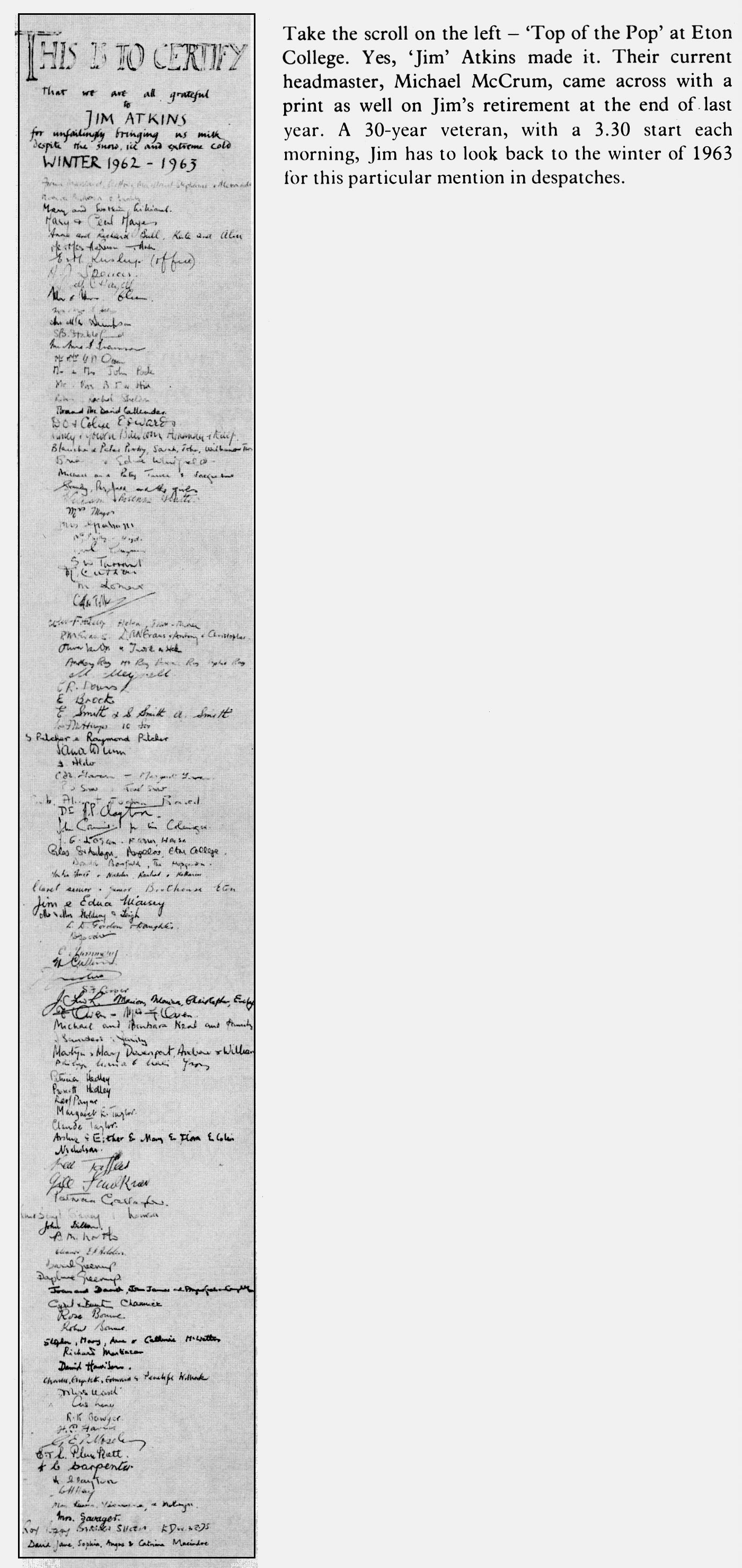 1978 Windsor milkman Jim Atkins is congratulated by Eton College after 30 years, for continuing to deliver milk in the 1962-3 winter. (Express News Summer)