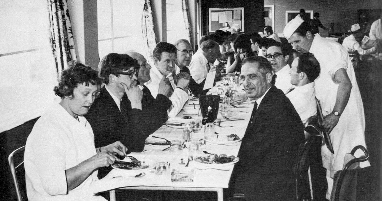 1969 Goldhanger Fruit Farms. From the house magazine of Cadbury Schweppes who had just acquired Goldhanger Fruit Farms. "Time for lunch. Goldhanger has a spacious well designed canteen, tastefully decorated in quiet colour and having a stage at one end and a table tennis table". (Courtesy Lee Morrison)