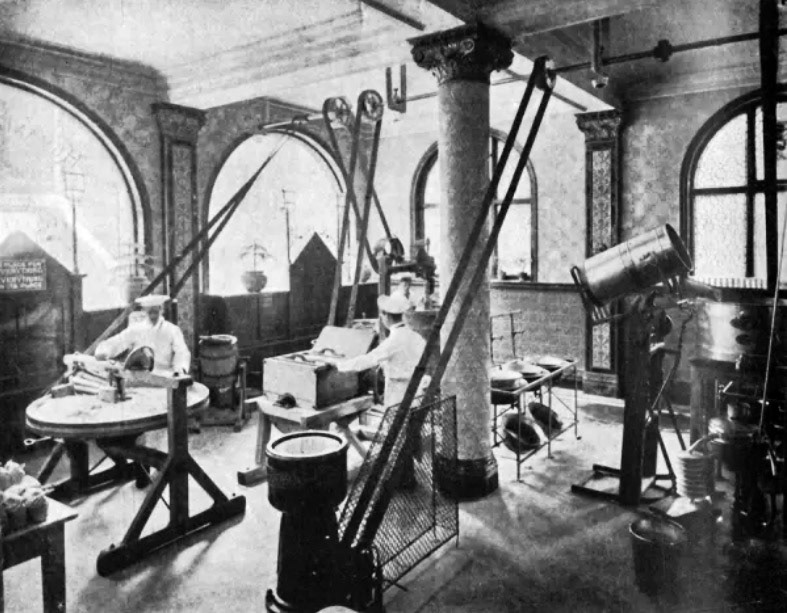 1902 The Express Dairy Company's Hygienic Dairy at Hampstead. Keith Goodby comments " It seems that what looks like a metal butter churn on the right of the image is actually a milk churn lifter which tips the milk into the buffer vessel before the first separator. It looks like they had two separators; presumably they couldn’t get the required fat % from the first one so passed the separated cream to the second one to get it to a suitable level for butter making." (From 'The Windsor Magazine Vol. XVI - June to November 1902'. [Ward, Lock &amp; Co. Limited, London, 1902], Courtesy Heritage Images)