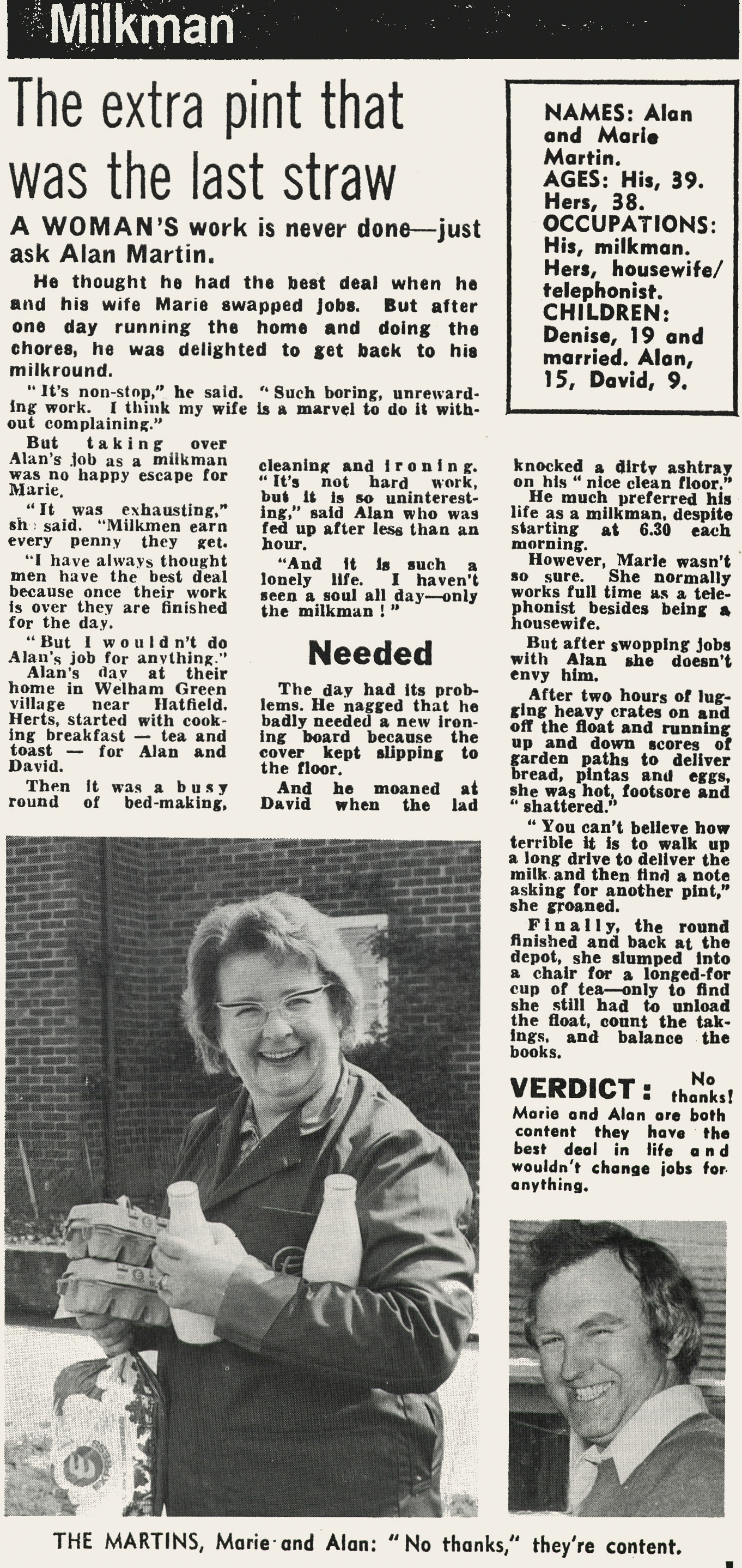 1977 Potters Bar's Alan Martin swaps his milkman role with his wife for the day, supervised by Rota Foreman Eric Anderson. (Express News Autumn)