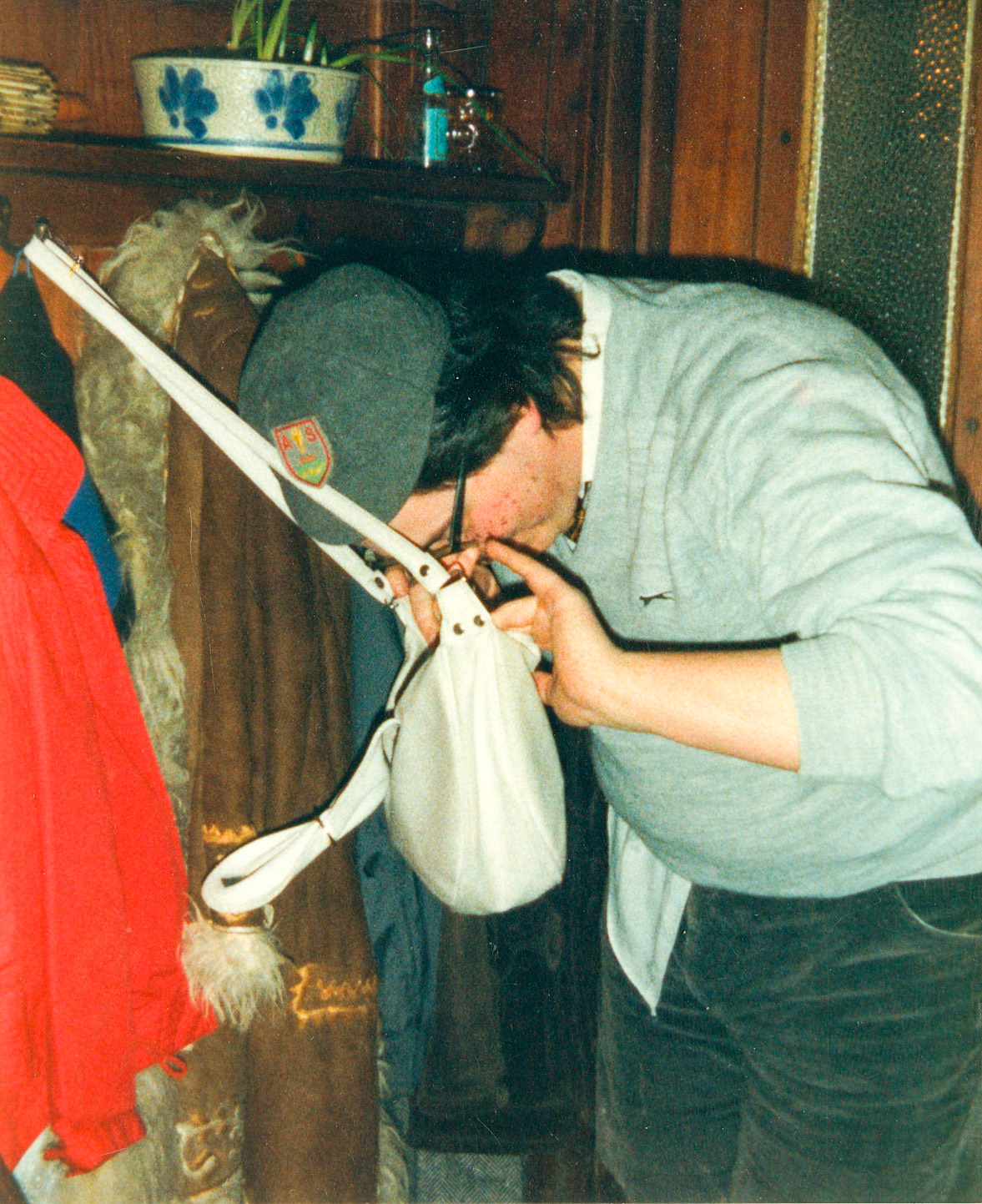 1988 Honiton staff (Paul Dimond) celebrate the first Red Nose Day, Fountain Head Inn, Branscombe, Devon. (Courtesy Tim Pearce)