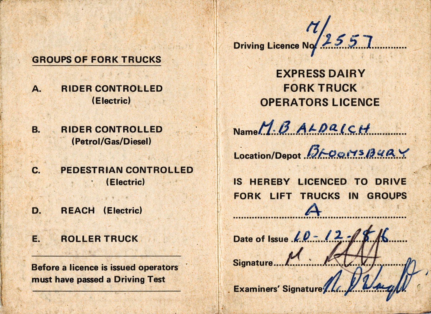 1986 Fork Lift Truck drivers licence issued to Michael Aldread at Bloomsbury Depot. (Courtesy Michael Aldread)