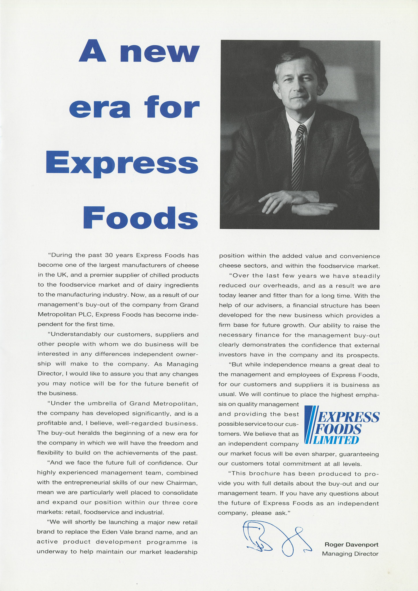 1992 Brochure explaining the Express Foods management buyout from Grand Metropolitan, led by MD Roger Davenport. (Courtesy Paul Luke)