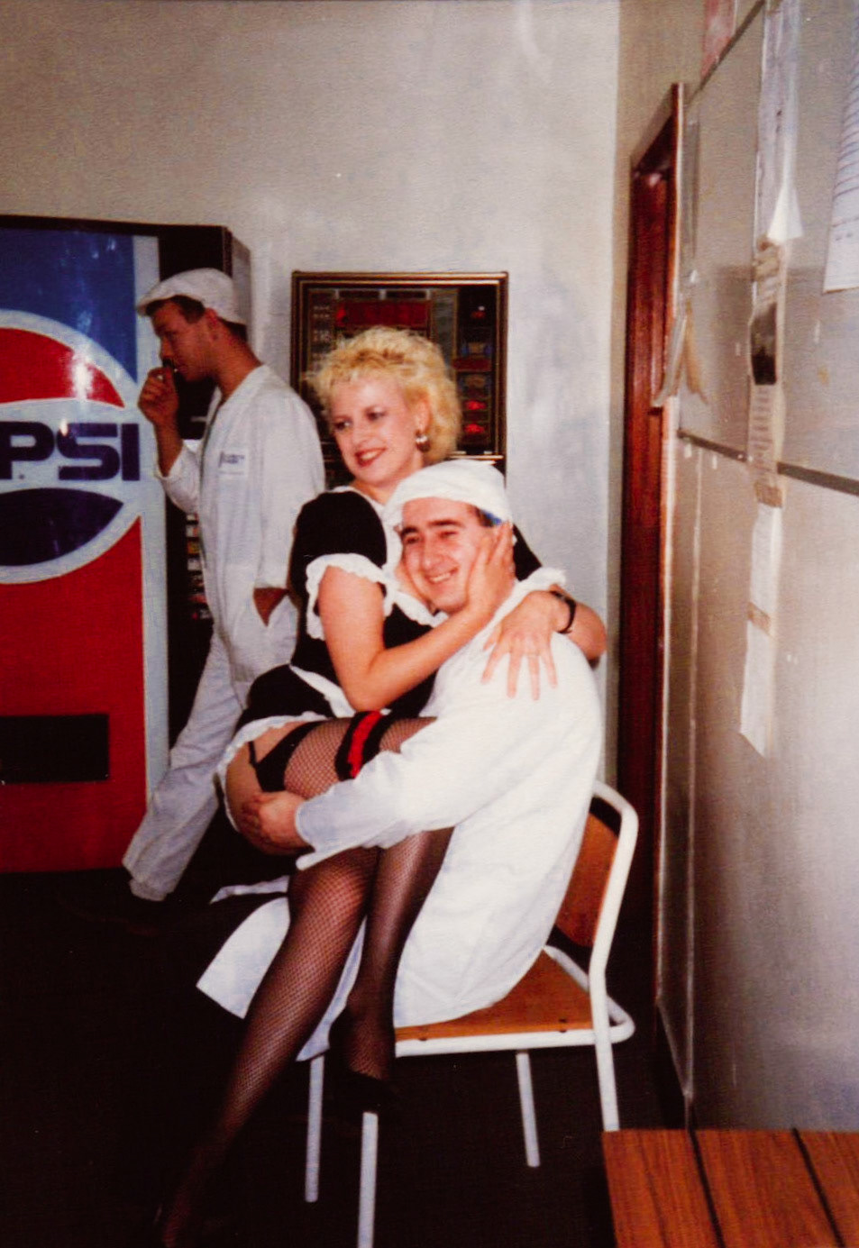 1991 Mike Toogood and Kissagram with Donal Cronin on his birthday in January, at Exeter (Courtesy Wendy Hawker)