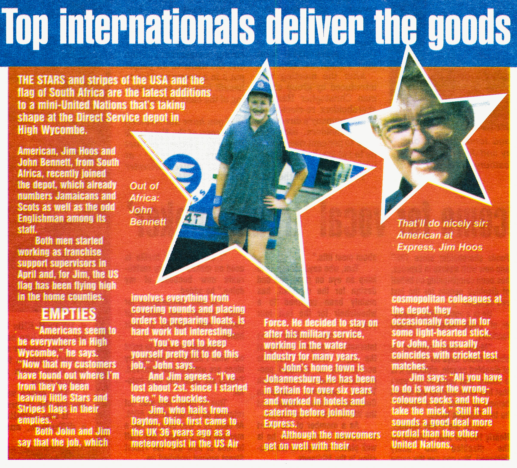 1998-Express Dairies Direct staff at High Wycombe are joined by Jim Hoos from the US and John Bennett from South Africa. (Courtesy August Express News, Mark Hudson)