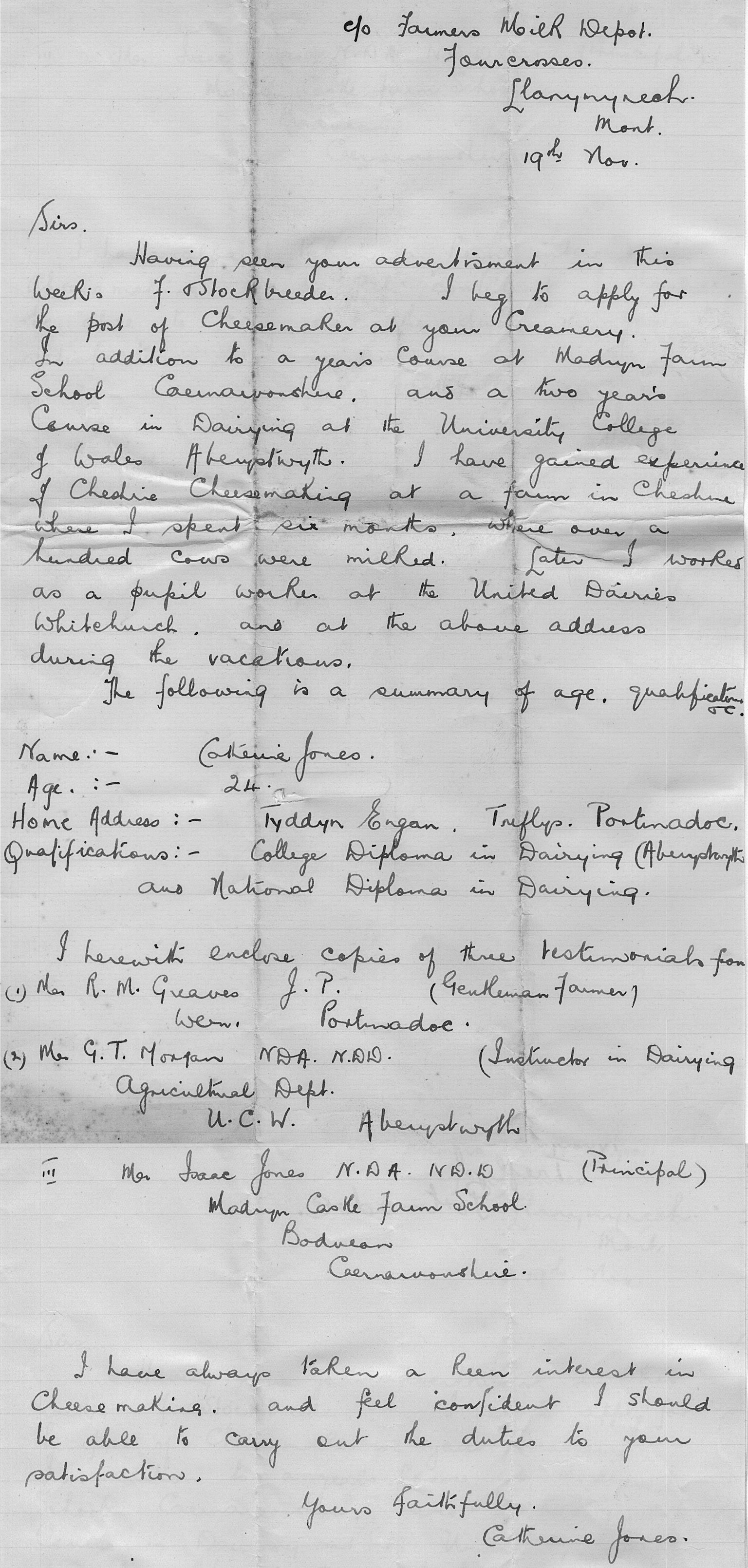 1930 Ruyton Co-operative Dairies-Cheesemaker Job Applications-Miss Catherine Jones