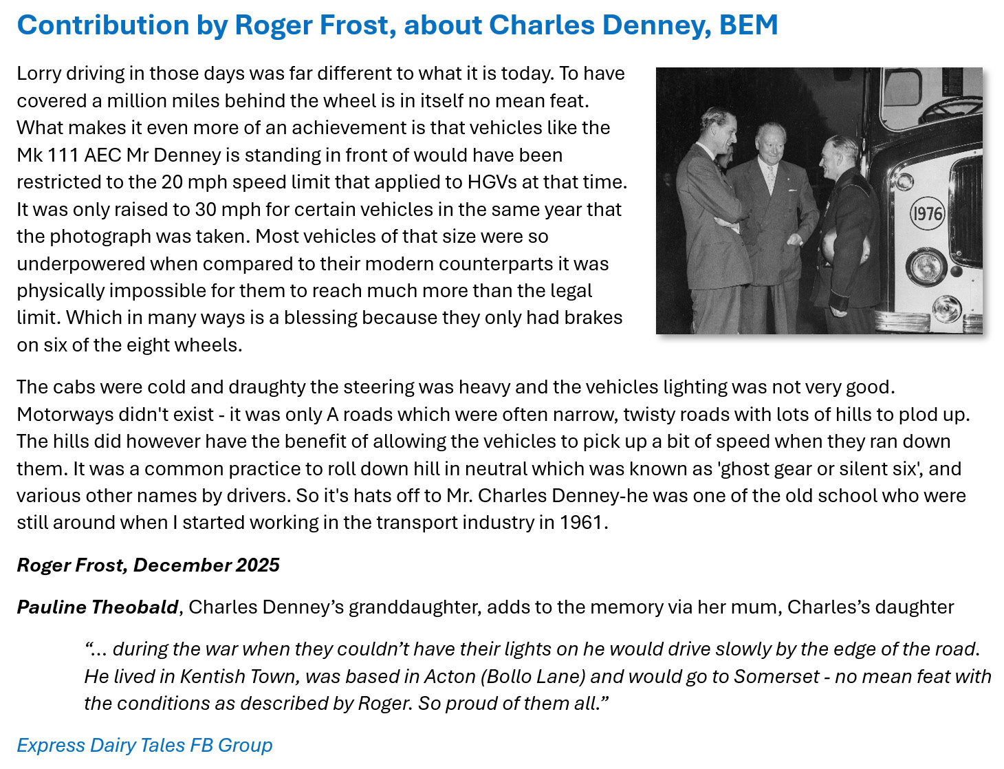 2025 Comments by Roger Frost and Pauline Theobald about Charles Denney's achievements. (Express Dairy Tales publication)