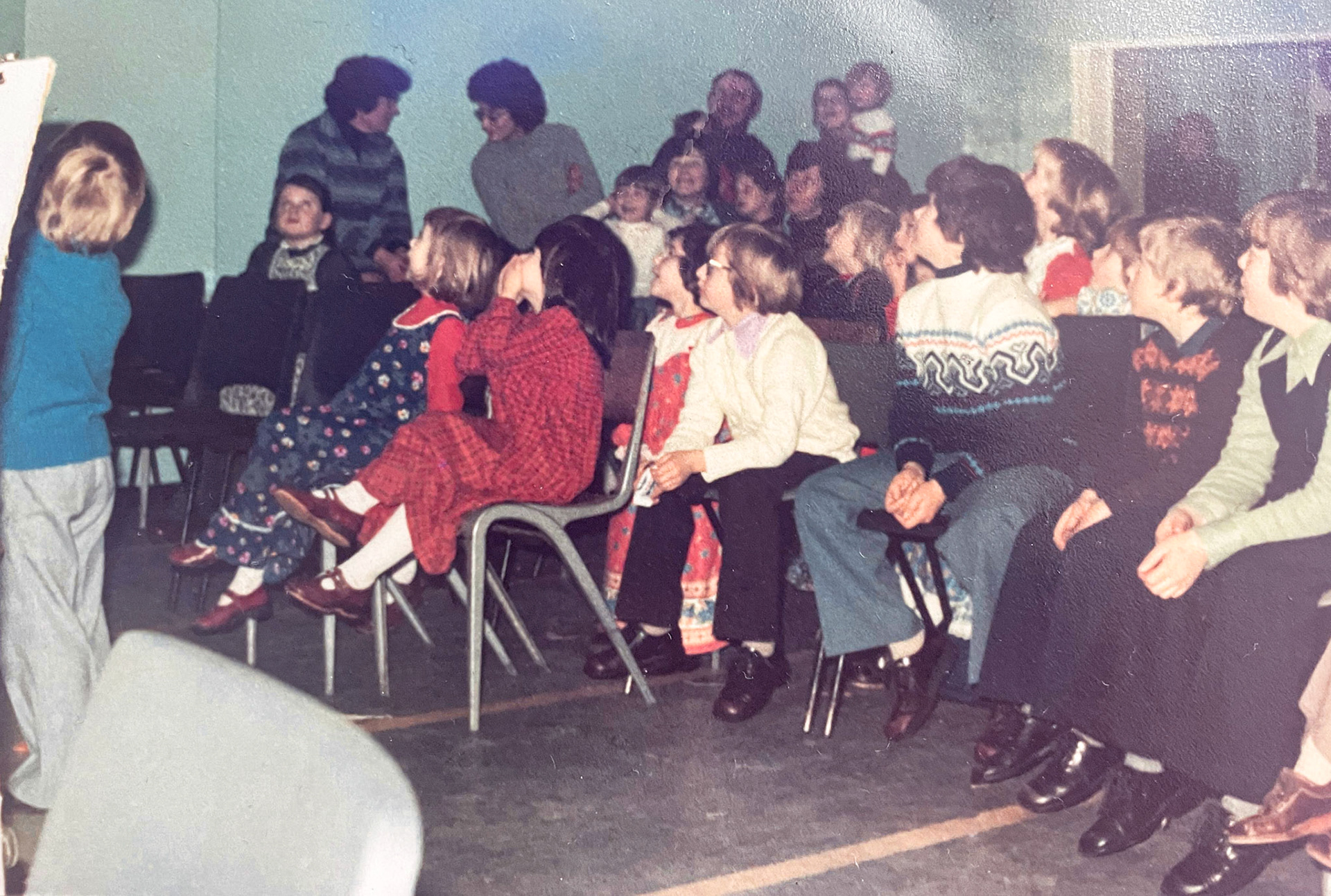 1978 Minsterley Creamery Christmas party, which took place in the factory canteen. Matthew Taylor comments "that's me in the brown tank top, very 70's. Looks like my Mum Daphne Taylor, who worked in the wages office, in the green jumper! (Courtesy: Matthew Taylor)