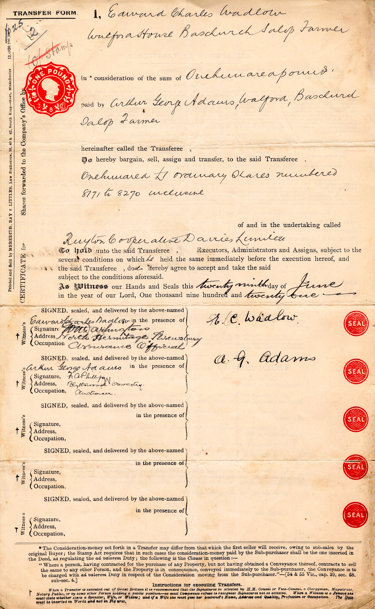 1921-Edward Charles Wadlow-Share Transfer Form