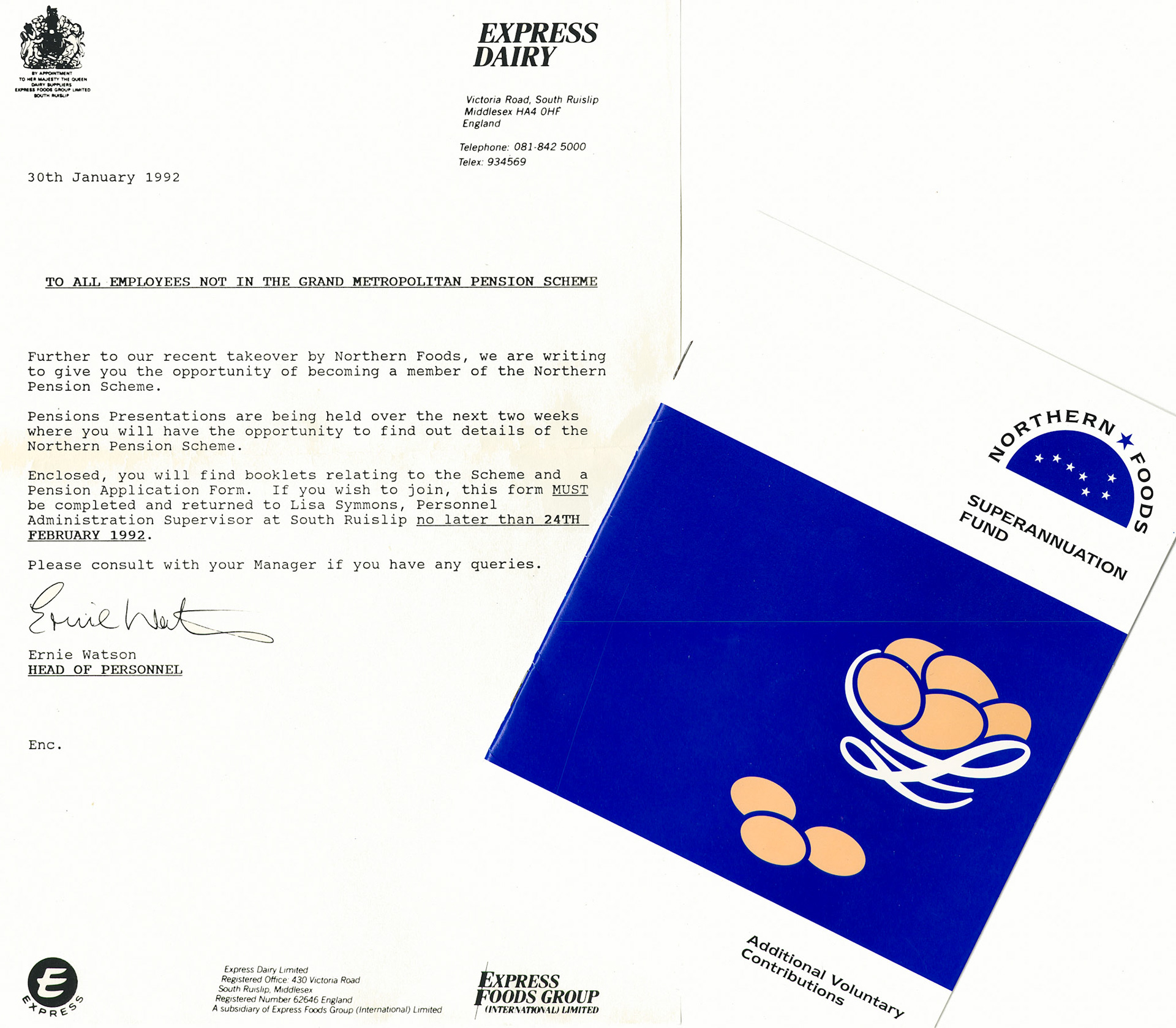 1992 Northern Foods Pension Invitation to Express Employees (Express Dairy Tales Archive)
