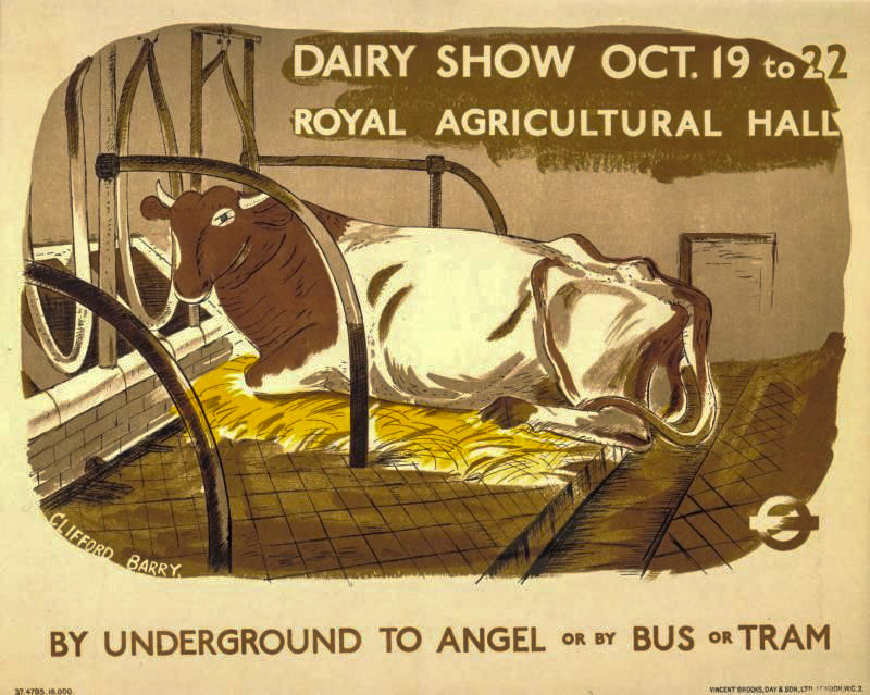 1937 Poster, Agricultural Hall Islington-Dairy Show. Artist: Clifford Barry (Courtesy London Transport Collection)