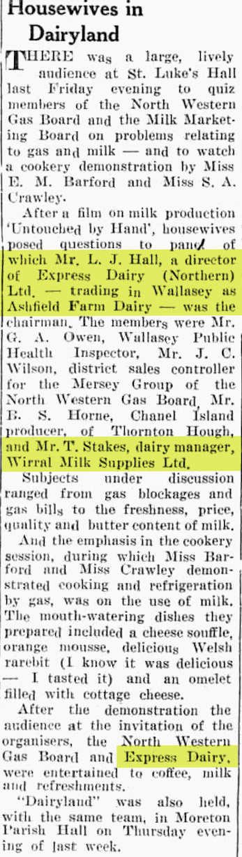 1962 'Dairyland' talk to housewives, including contributions by Express, Ashfield Farm Dairy and Wirral Milk Supplies. (Courtesy Wallasey News and Wirral General Advertiser)