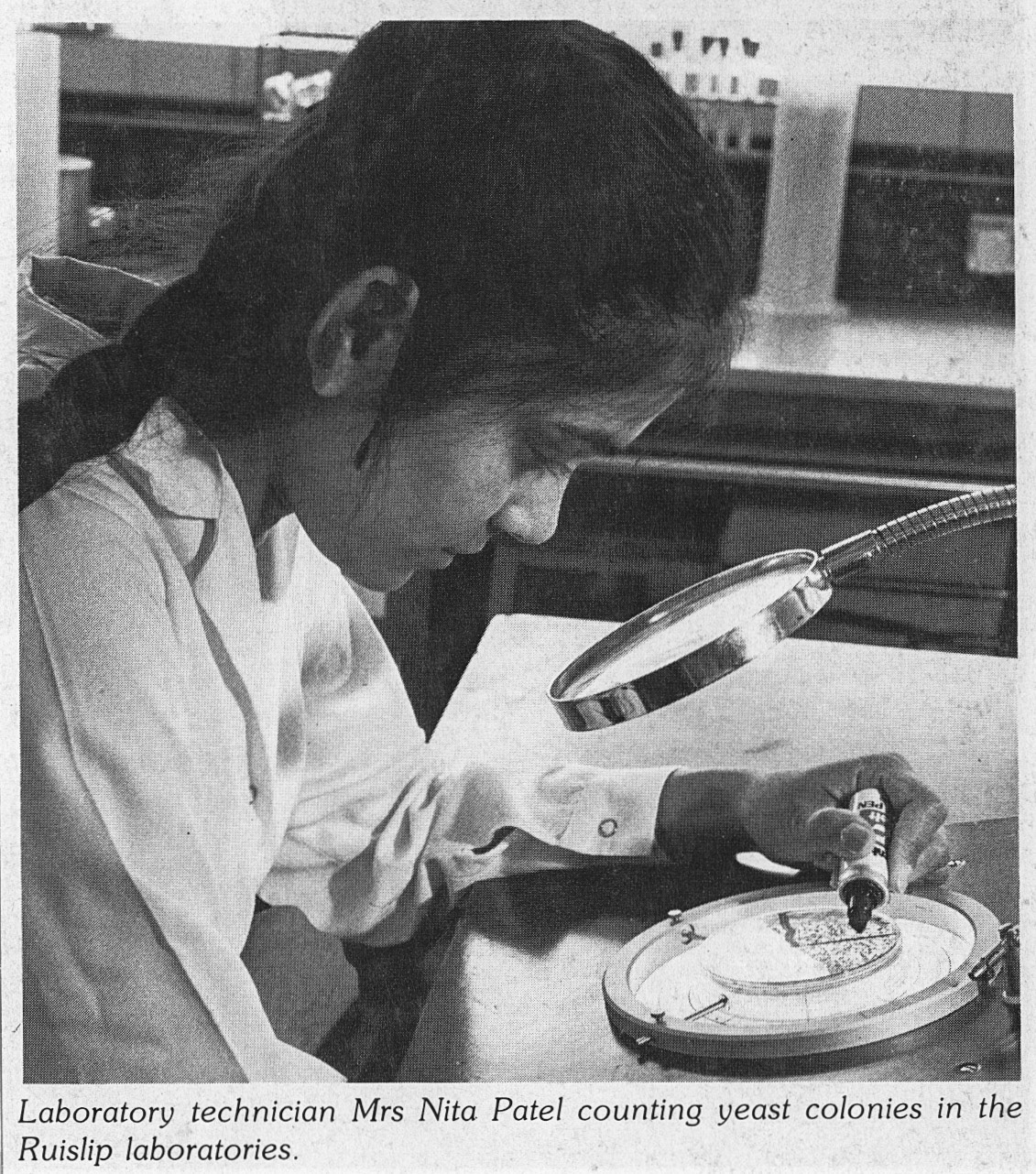1983 Nina Patel in the South Ruislip laboratory.